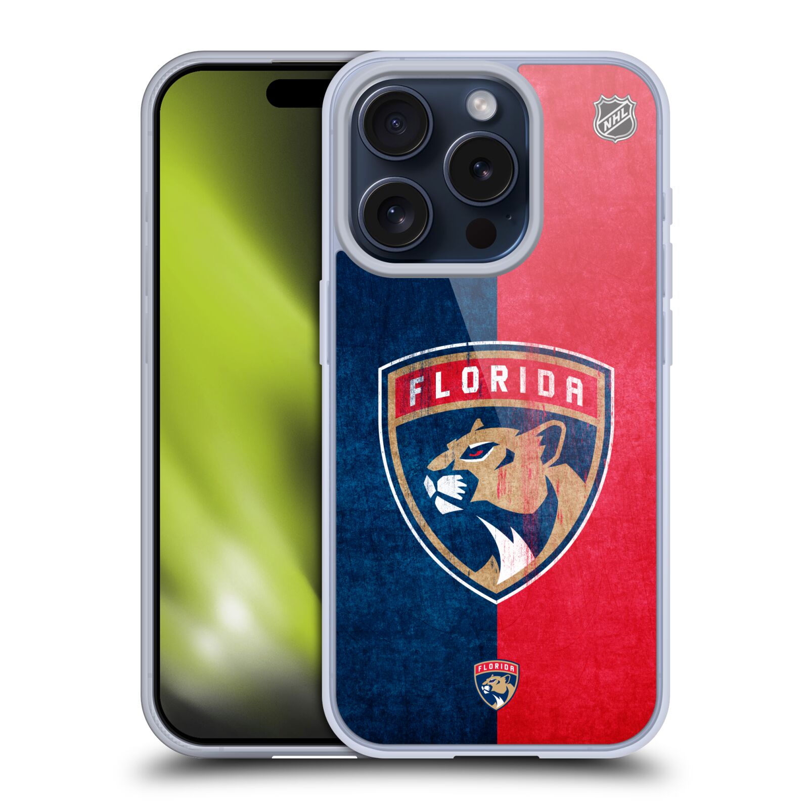 Silikonové lesklé pouzdro na mobil Apple iPhone 15 Pro - NHL - Půlené logo Florida Panthers (Silikonový lesklý kryt, obal, pouzdro na mobilní telefon Apple iPhone 15 Pro s licencovaným motivem NHL - Půlené logo Florida Panthers)