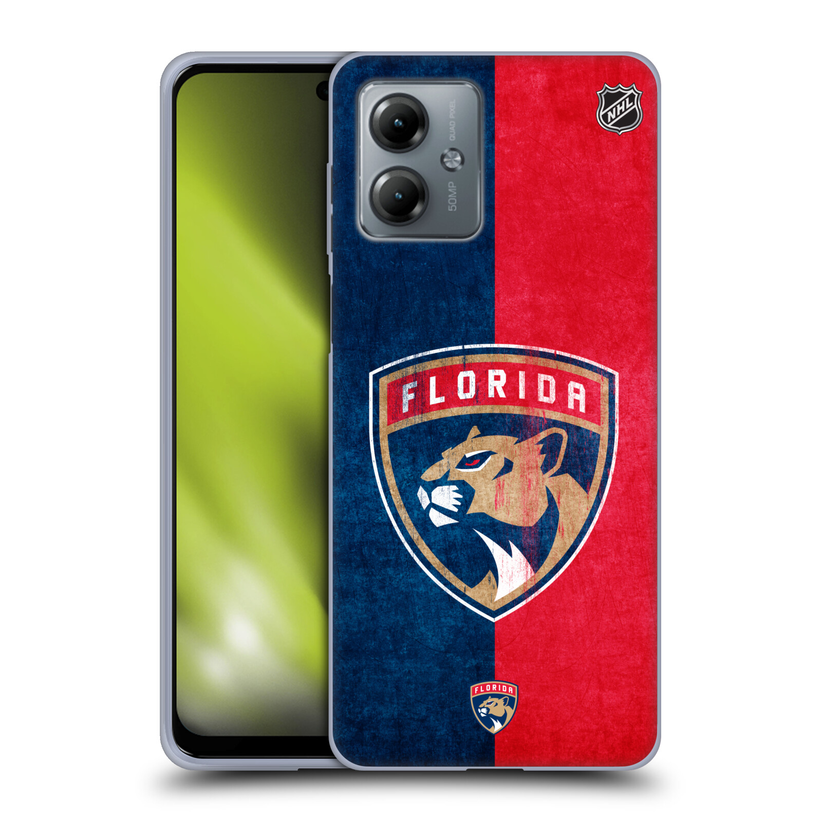 Silikonové pouzdro na mobil Motorola Moto G14 - NHL - Půlené logo Florida Panthers (Silikonový kryt, obal, pouzdro na mobilní telefon Motorola Moto G14 s licencovaným motivem NHL - Půlené logo Florida Panthers)