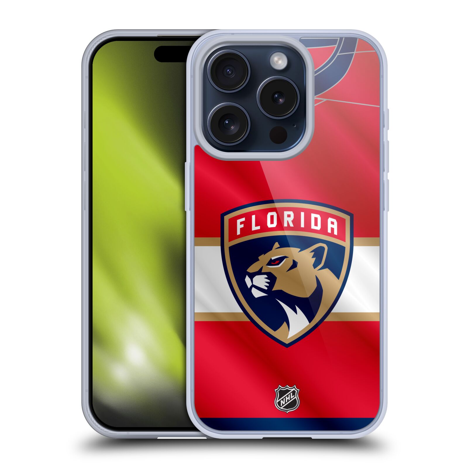 Silikonové lesklé pouzdro na mobil Apple iPhone 15 Pro - NHL - Dres Florida Panthers (Silikonový lesklý kryt, obal, pouzdro na mobilní telefon Apple iPhone 15 Pro s licencovaným motivem NHL - Dres Florida Panthers)
