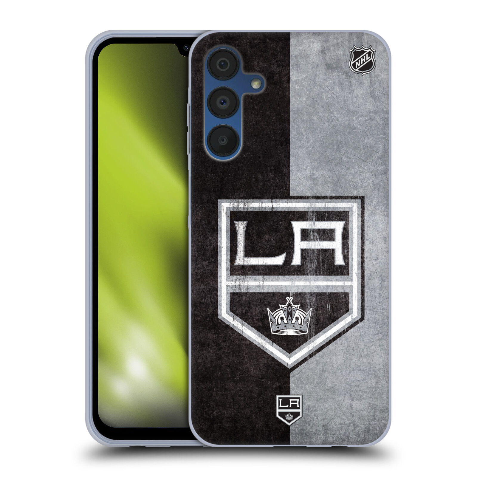Silikonové pouzdro na mobil Samsung Galaxy A15 / A15 5G - NHL - Půlené logo Los Angeles Kings (Silikonový kryt, obal, pouzdro na mobilní telefon Samsung Galaxy A15 / A15 5G s licencovaným motivem NHL - Půlené logo Los Angeles Kings)