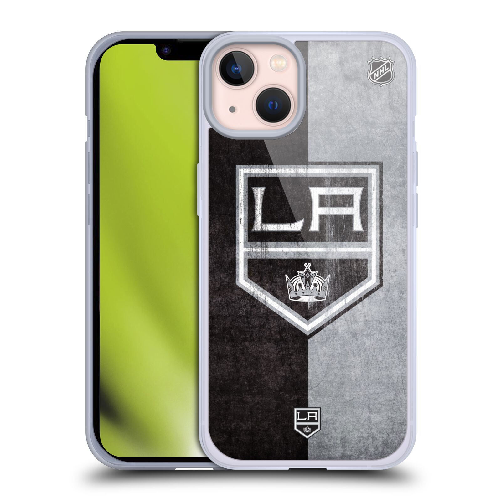 Silikonové pouzdro na mobil Apple iPhone 13 - NHL - Půlené logo Los Angeles Kings (Silikonový kryt, obal, pouzdro na mobilní telefon Apple iPhone 13 s licencovaným motivem NHL - Půlené logo Los Angeles Kings)