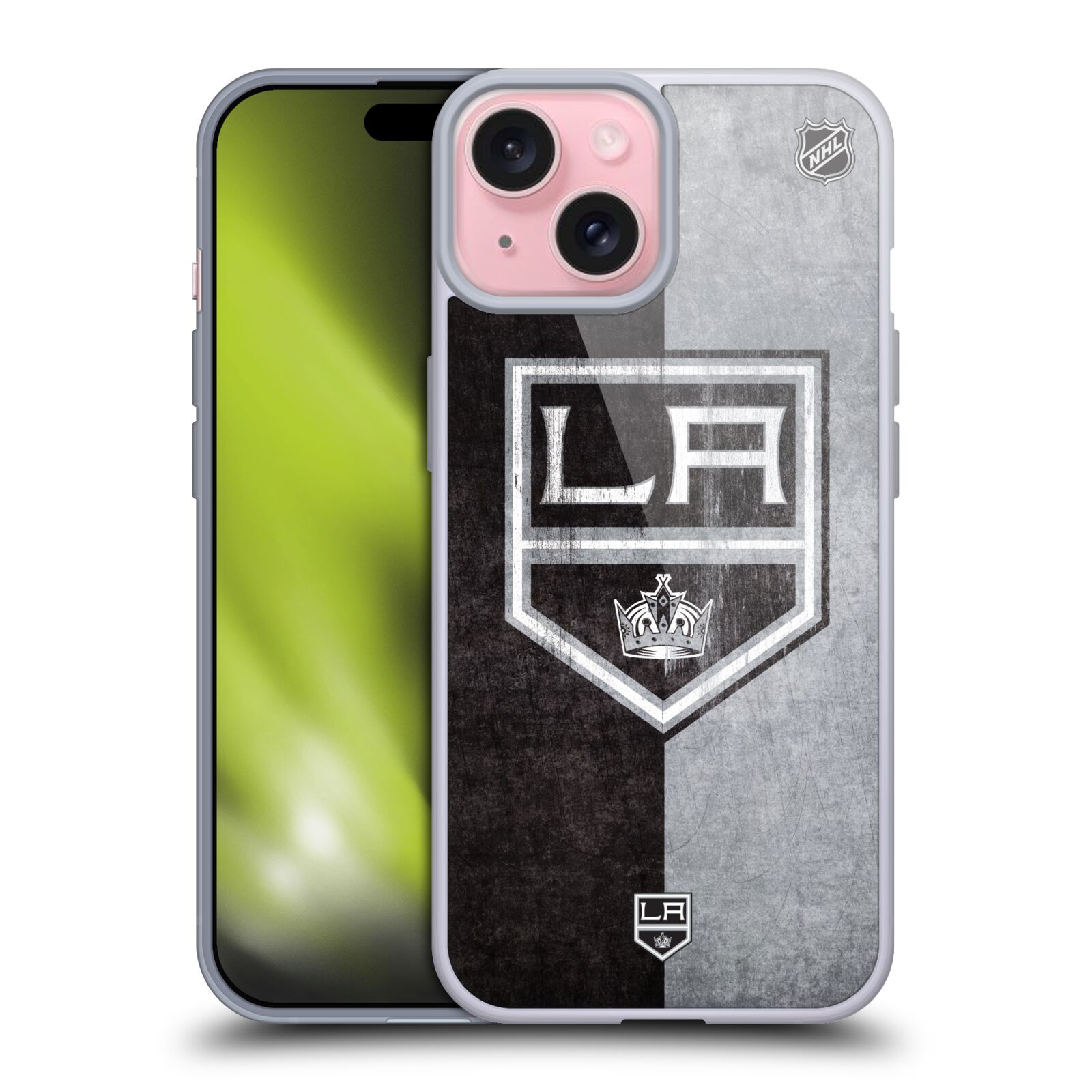 Silikonové lesklé pouzdro na mobil Apple iPhone 15 - NHL - Půlené logo Los Angeles Kings (Silikonový lesklý kryt, obal, pouzdro na mobilní telefon Apple iPhone 15 s licencovaným motivem NHL - Půlené logo Los Angeles Kings)