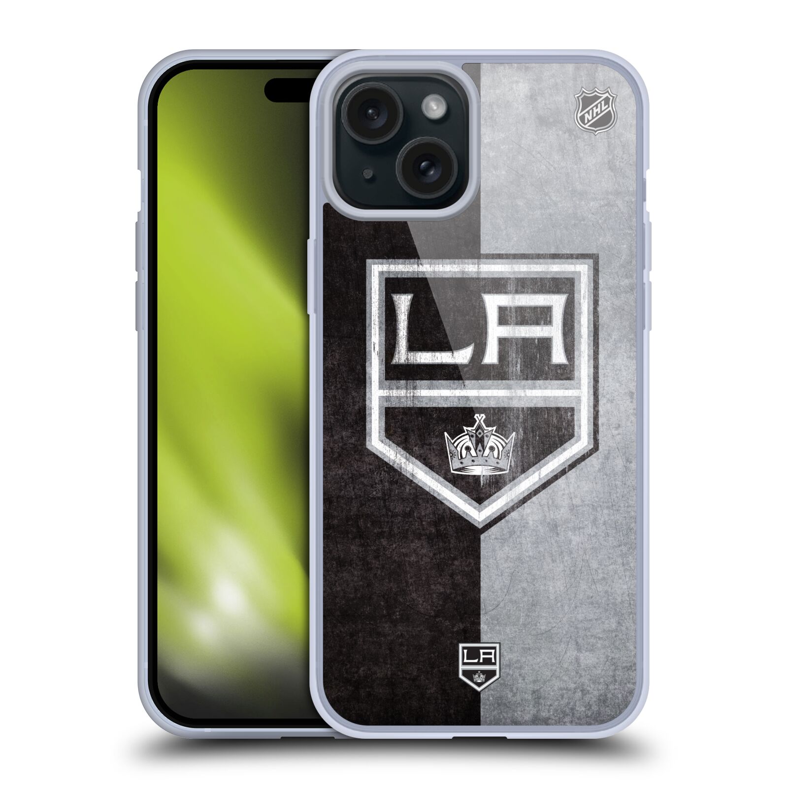 Silikonové lesklé pouzdro na mobil Apple iPhone 15 Plus - NHL - Půlené logo Los Angeles Kings (Silikonový lesklý kryt, obal, pouzdro na mobilní telefon Apple iPhone 15 Plus s licencovaným motivem NHL - Půlené logo Los Angeles Kings)
