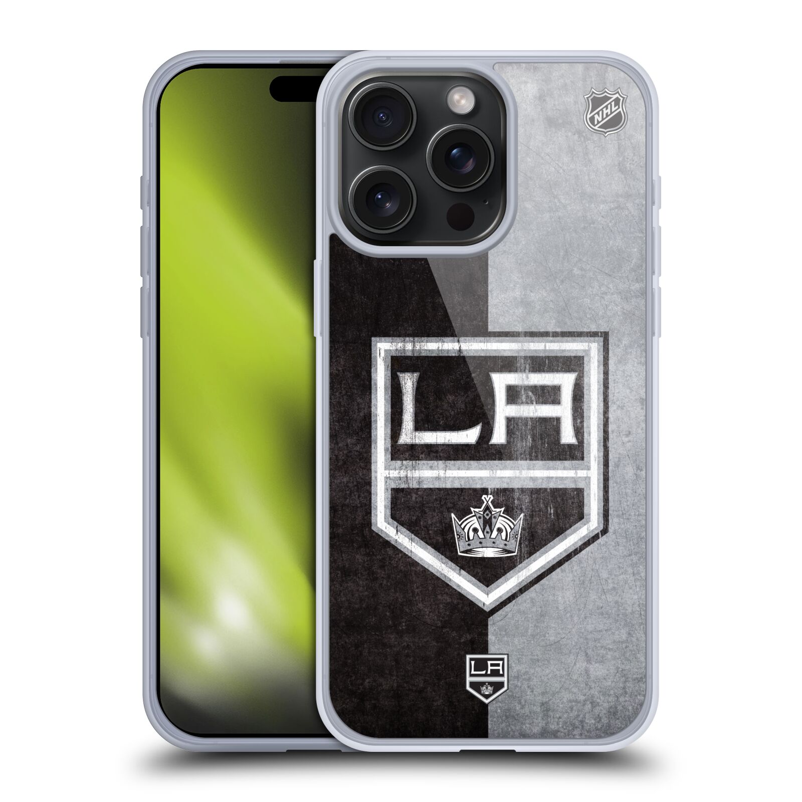 Silikonové lesklé pouzdro na mobil Apple iPhone 15 Pro Max - NHL - Půlené logo Los Angeles Kings (Silikonový lesklý kryt, obal, pouzdro na mobilní telefon Apple iPhone 15 Pro Max s licencovaným motivem NHL - Půlené logo Los Angeles Kings)