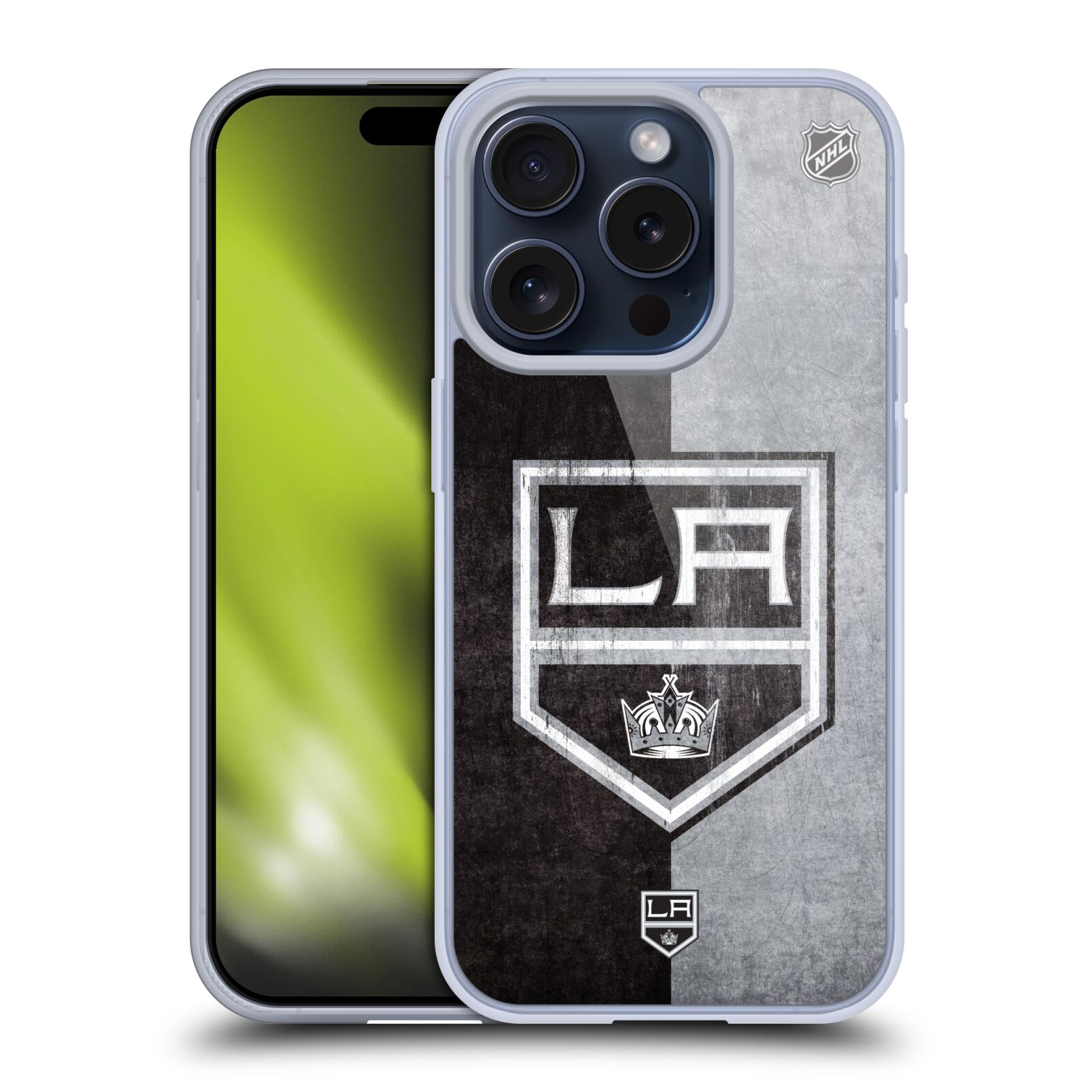 Silikonové lesklé pouzdro na mobil Apple iPhone 15 Pro - NHL - Půlené logo Los Angeles Kings (Silikonový lesklý kryt, obal, pouzdro na mobilní telefon Apple iPhone 15 Pro s licencovaným motivem NHL - Půlené logo Los Angeles Kings)