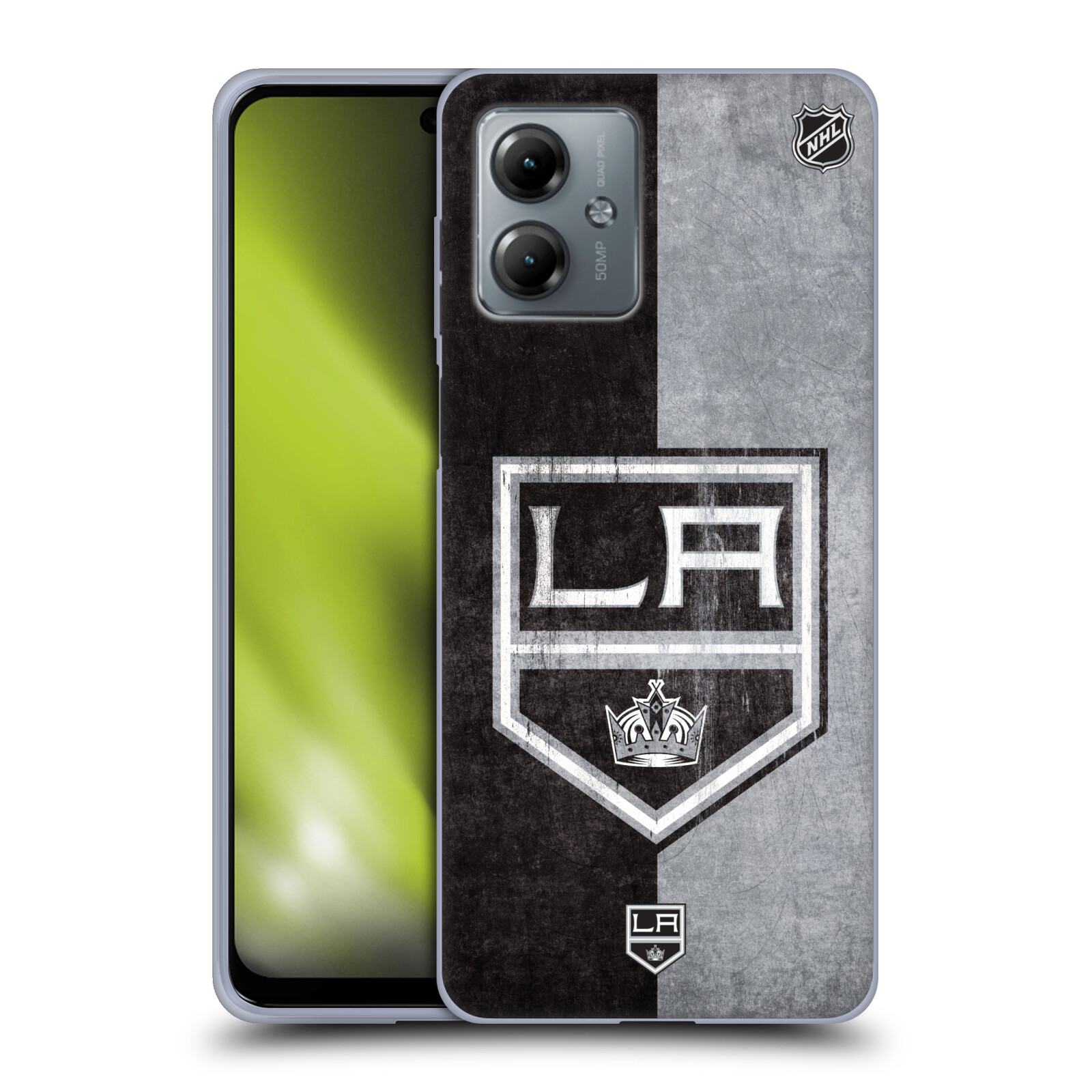 Silikonové pouzdro na mobil Motorola Moto G14 - NHL - Půlené logo Los Angeles Kings (Silikonový kryt, obal, pouzdro na mobilní telefon Motorola Moto G14 s licencovaným motivem NHL - Půlené logo Los Angeles Kings)