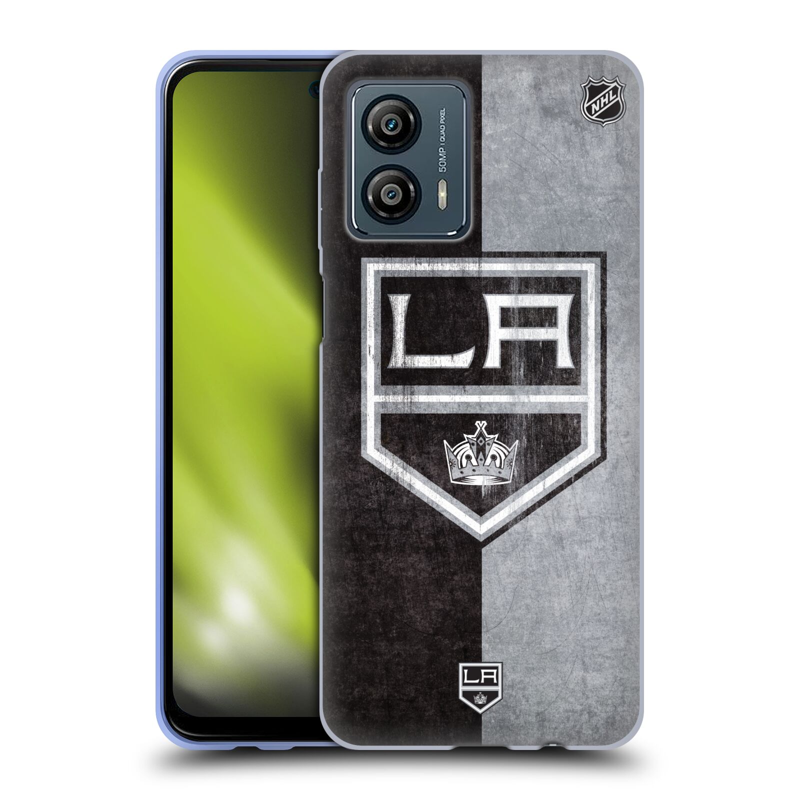Silikonové pouzdro na mobil Motorola Moto G53 5G - NHL - Půlené logo Los Angeles Kings (Silikonový kryt, obal, pouzdro na mobilní telefon Motorola Moto G53 5G s licencovaným motivem NHL - Půlené logo Los Angeles Kings)