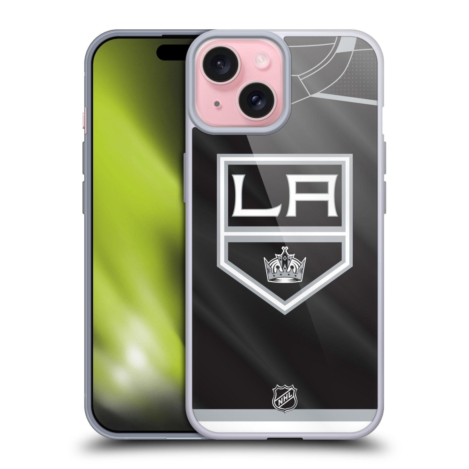 Silikonové lesklé pouzdro na mobil Apple iPhone 15 - NHL - Dres Los Angeles Kings (Silikonový lesklý kryt, obal, pouzdro na mobilní telefon Apple iPhone 15 s licencovaným motivem NHL - Dres Los Angeles Kings)