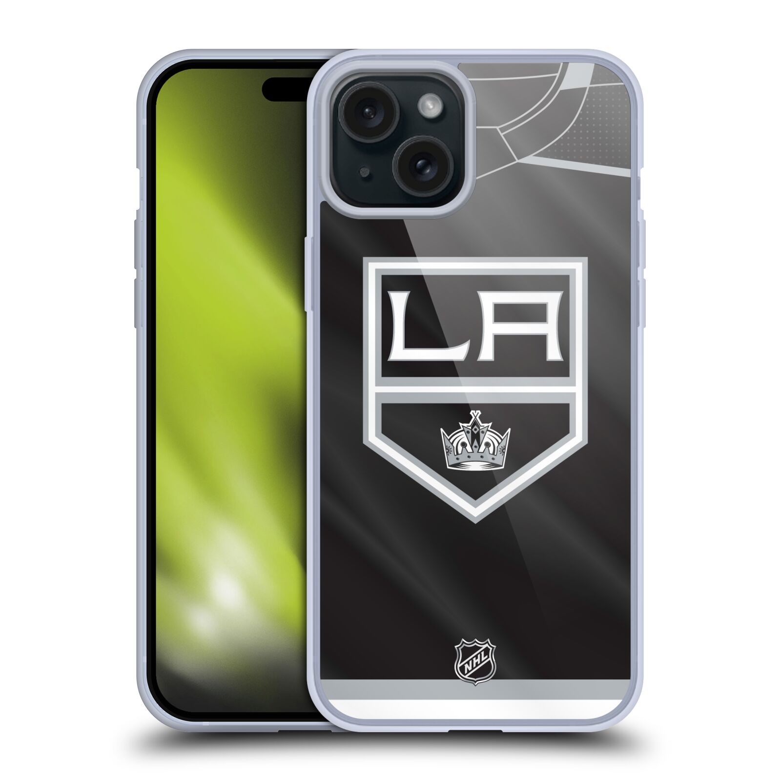 Silikonové lesklé pouzdro na mobil Apple iPhone 15 Plus - NHL - Dres Los Angeles Kings (Silikonový lesklý kryt, obal, pouzdro na mobilní telefon Apple iPhone 15 Plus s licencovaným motivem NHL - Dres Los Angeles Kings)