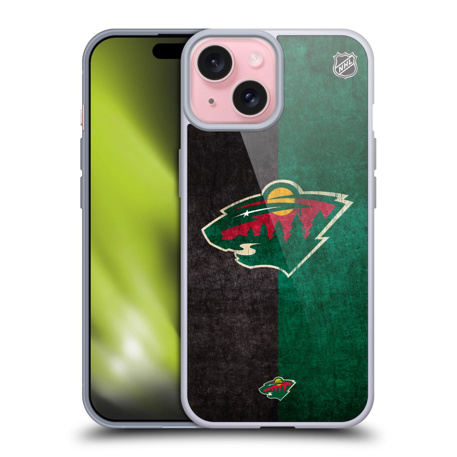 Silikonové lesklé pouzdro na mobil Apple iPhone 15 - NHL - Půlené logo Minnesota Wild (Silikonový lesklý kryt, obal, pouzdro na mobilní telefon Apple iPhone 15 s licencovaným motivem NHL - Půlené logo Minnesota Wild)