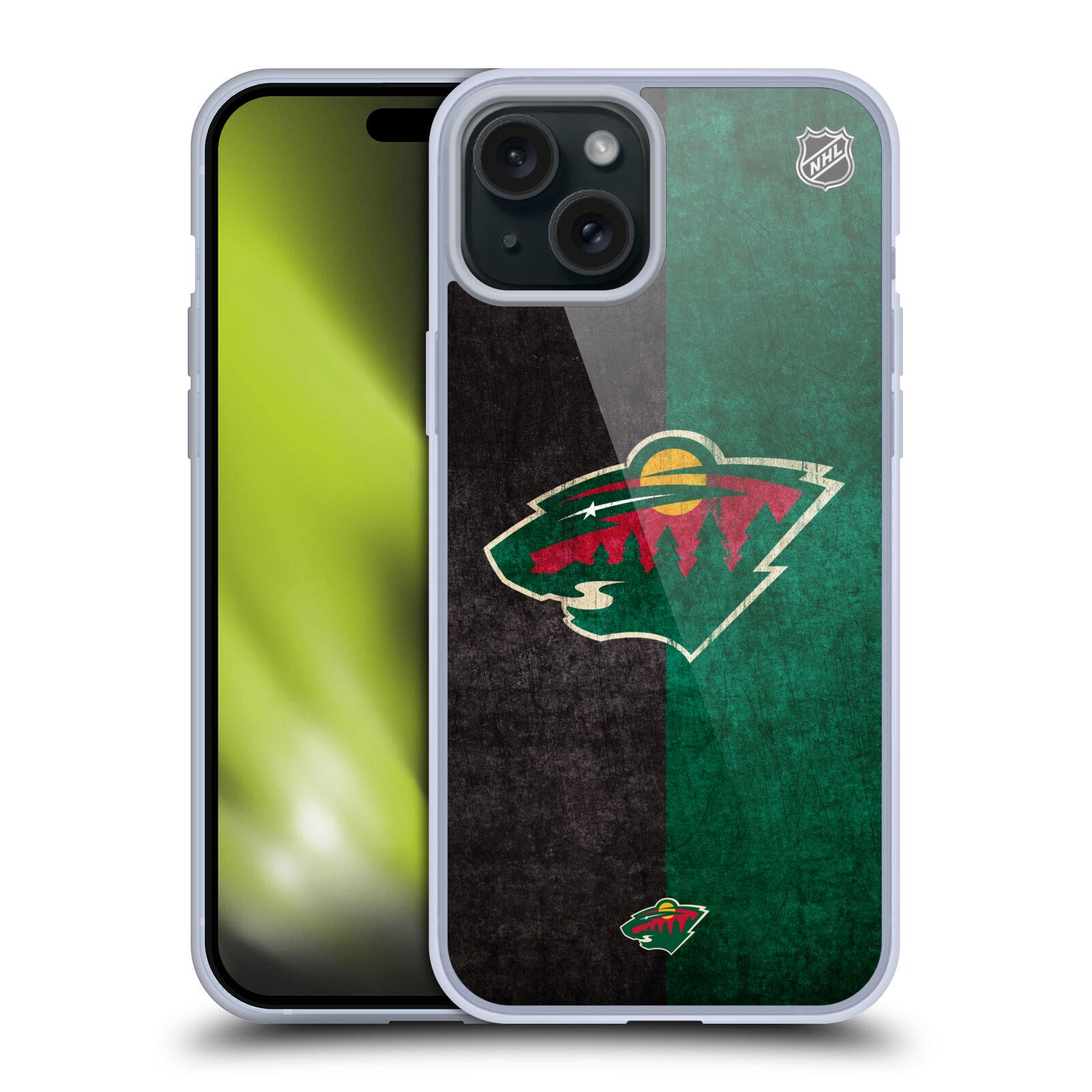 Silikonové lesklé pouzdro na mobil Apple iPhone 15 Plus - NHL - Půlené logo Minnesota Wild (Silikonový lesklý kryt, obal, pouzdro na mobilní telefon Apple iPhone 15 Plus s licencovaným motivem NHL - Půlené logo Minnesota Wild)