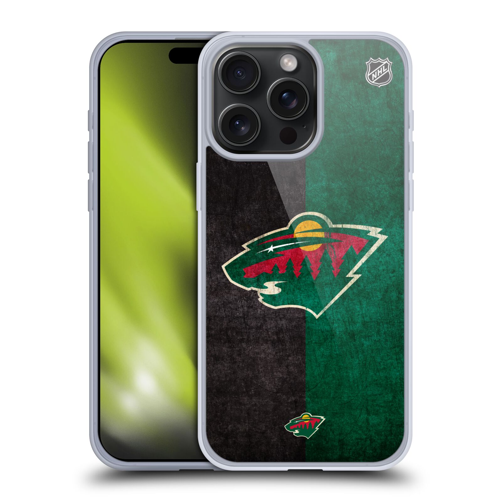 Silikonové lesklé pouzdro na mobil Apple iPhone 15 Pro Max - NHL - Půlené logo Minnesota Wild (Silikonový lesklý kryt, obal, pouzdro na mobilní telefon Apple iPhone 15 Pro Max s licencovaným motivem NHL - Půlené logo Minnesota Wild)