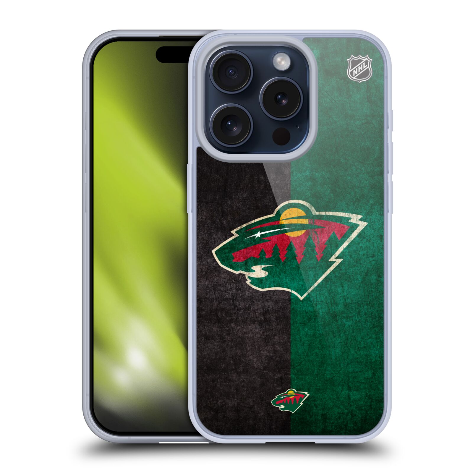 Silikonové lesklé pouzdro na mobil Apple iPhone 15 Pro - NHL - Půlené logo Minnesota Wild (Silikonový lesklý kryt, obal, pouzdro na mobilní telefon Apple iPhone 15 Pro s licencovaným motivem NHL - Půlené logo Minnesota Wild)