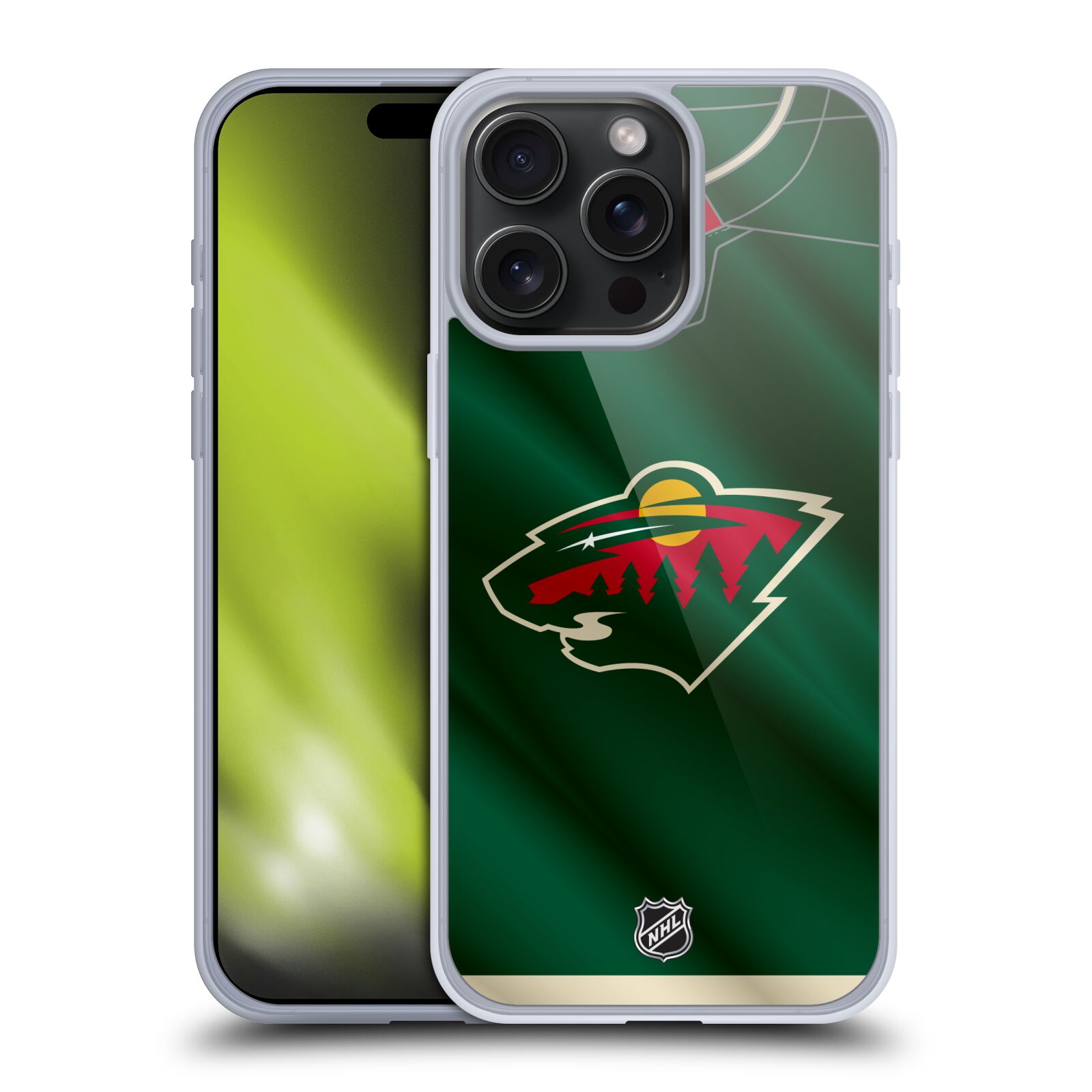 Silikonové lesklé pouzdro na mobil Apple iPhone 15 Pro Max - NHL - Dres Minnesota Wild (Silikonový lesklý kryt, obal, pouzdro na mobilní telefon Apple iPhone 15 Pro Max s licencovaným motivem NHL - Dres Minnesota Wild)