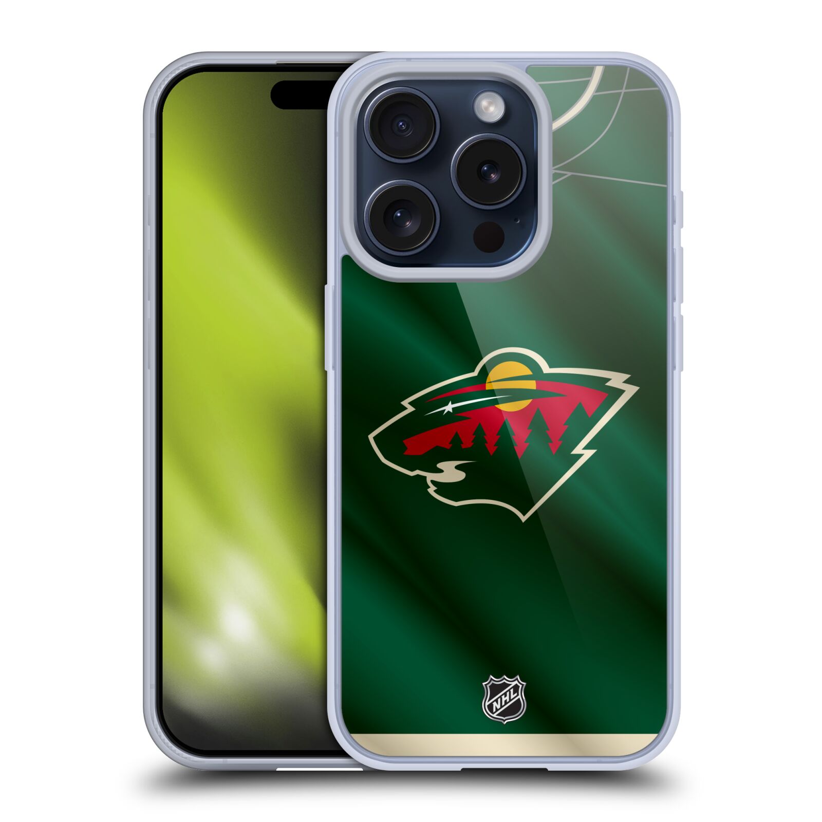 Silikonové lesklé pouzdro na mobil Apple iPhone 15 Pro - NHL - Dres Minnesota Wild (Silikonový lesklý kryt, obal, pouzdro na mobilní telefon Apple iPhone 15 Pro s licencovaným motivem NHL - Dres Minnesota Wild)