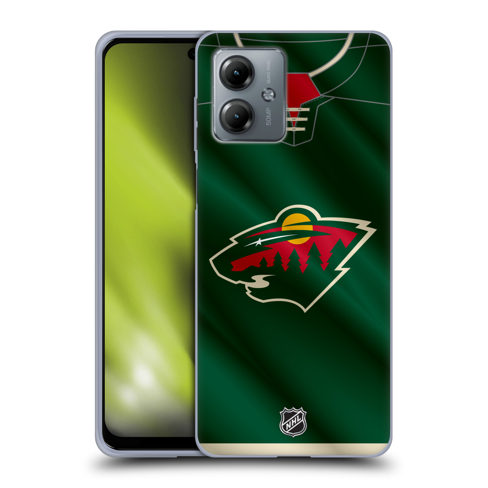 Silikonové pouzdro na mobil Motorola Moto G14 - NHL - Dres Minnesota Wild (Silikonový kryt, obal, pouzdro na mobilní telefon Motorola Moto G14 s licencovaným motivem NHL - Dres Minnesota Wild)