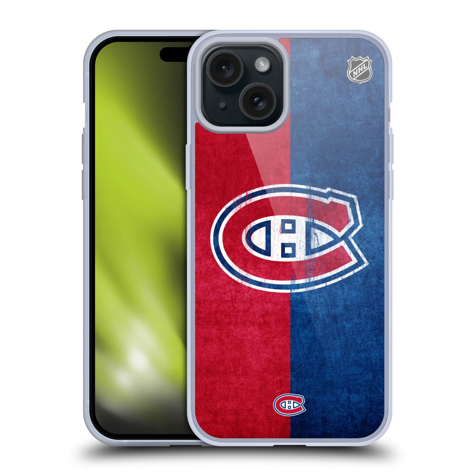 Silikonové lesklé pouzdro na mobil Apple iPhone 15 Plus - NHL - Půlené logo Montreal Canadiens (Silikonový lesklý kryt, obal, pouzdro na mobilní telefon Apple iPhone 15 Plus s licencovaným motivem NHL - Půlené logo Montreal Canadiens)