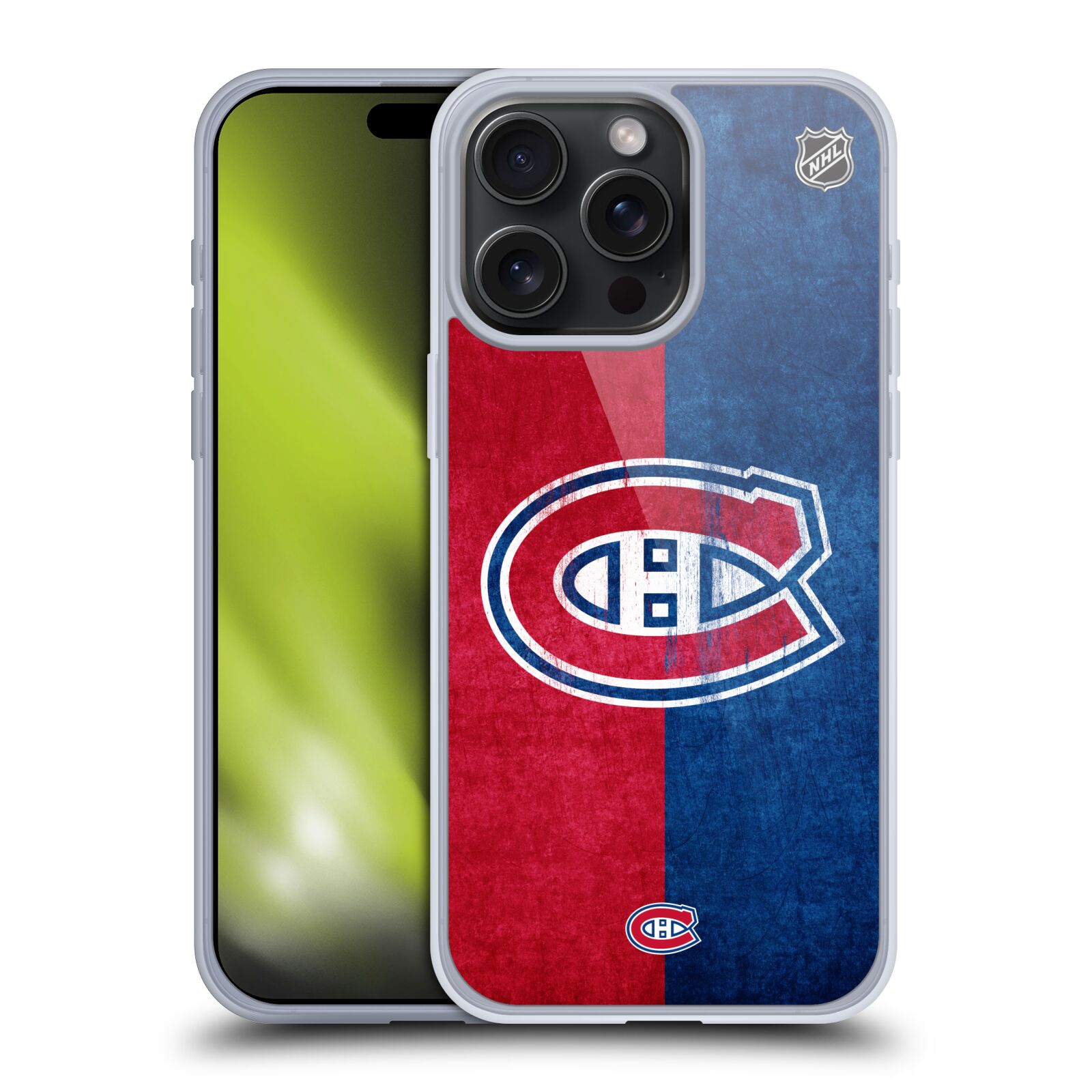 Silikonové lesklé pouzdro na mobil Apple iPhone 15 Pro Max - NHL - Půlené logo Montreal Canadiens (Silikonový lesklý kryt, obal, pouzdro na mobilní telefon Apple iPhone 15 Pro Max s licencovaným motivem NHL - Půlené logo Montreal Canadiens)