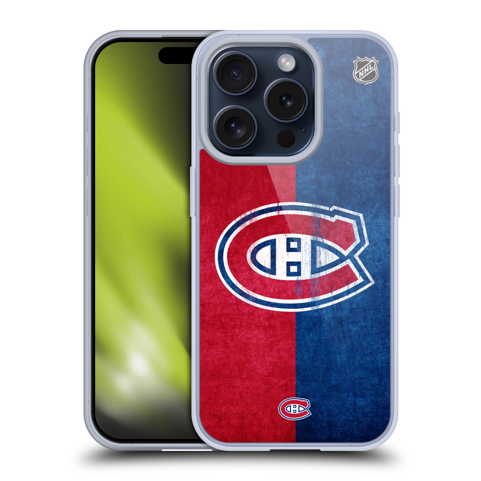 Silikonové lesklé pouzdro na mobil Apple iPhone 15 Pro - NHL - Půlené logo Montreal Canadiens (Silikonový lesklý kryt, obal, pouzdro na mobilní telefon Apple iPhone 15 Pro s licencovaným motivem NHL - Půlené logo Montreal Canadiens)
