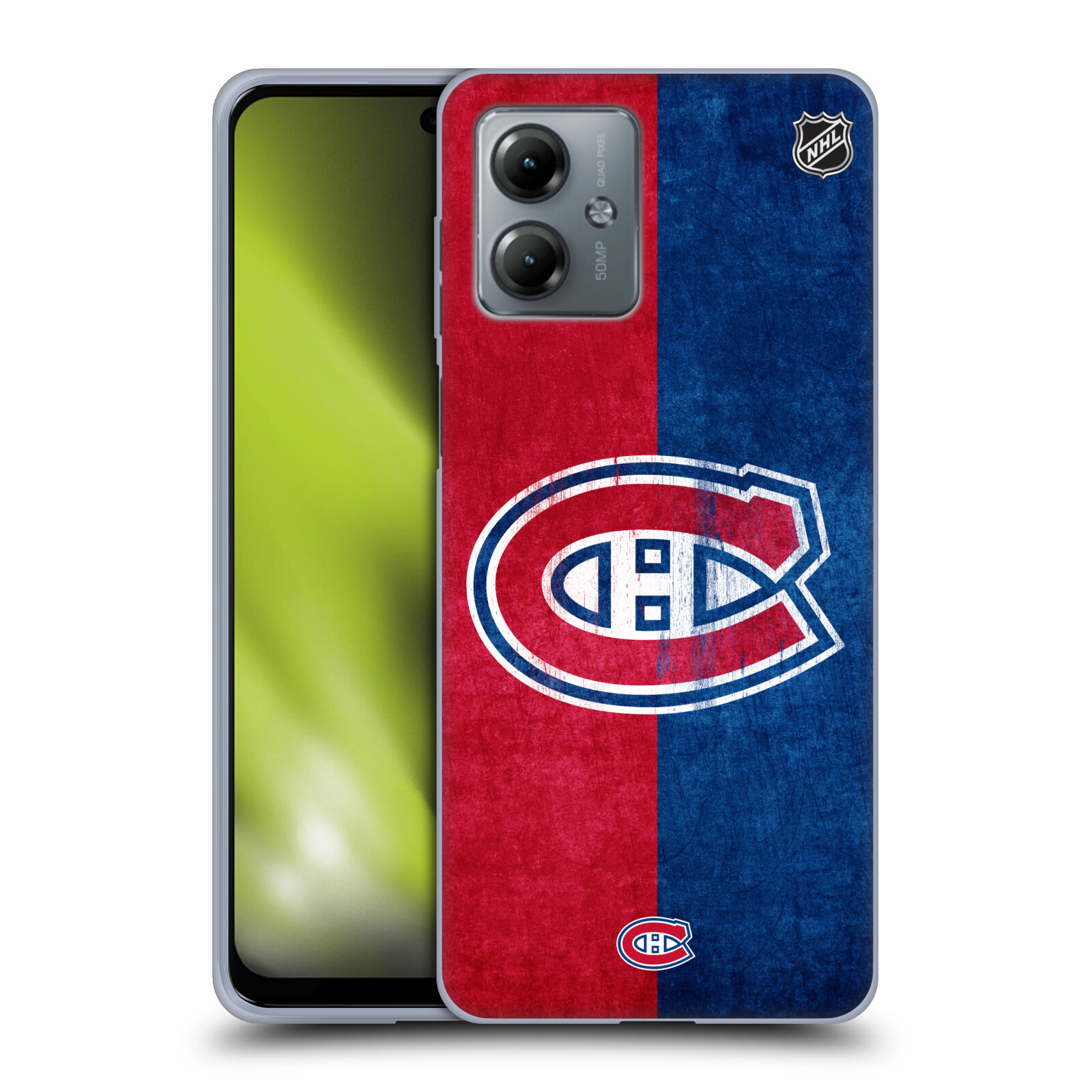 Silikonové pouzdro na mobil Motorola Moto G14 - NHL - Půlené logo Montreal Canadiens (Silikonový kryt, obal, pouzdro na mobilní telefon Motorola Moto G14 s licencovaným motivem NHL - Půlené logo Montreal Canadiens)