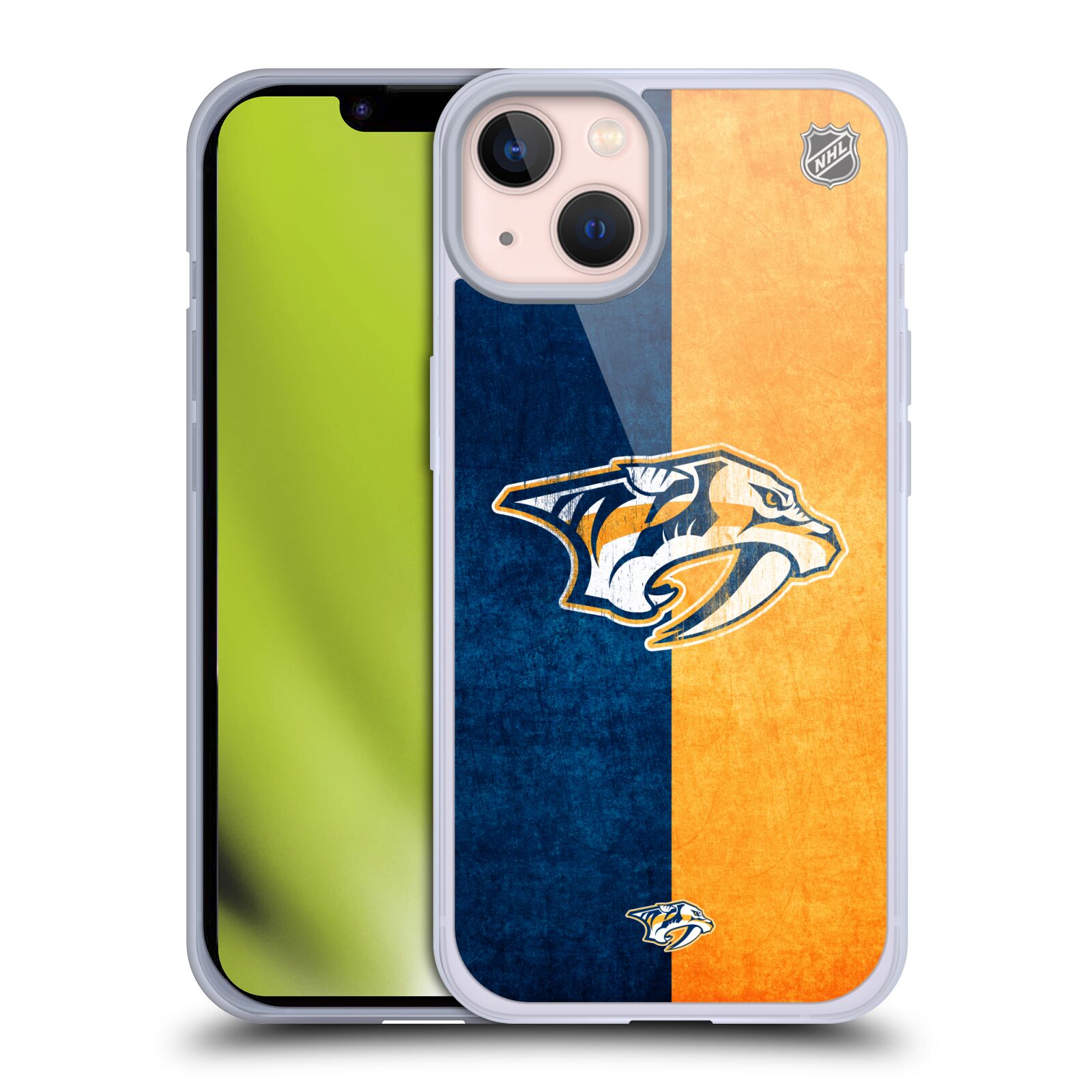 Silikonové pouzdro na mobil Apple iPhone 13 - NHL - Půlené logo Nashville Predators (Silikonový kryt, obal, pouzdro na mobilní telefon Apple iPhone 13 s licencovaným motivem NHL - Půlené logo Nashville Predators)