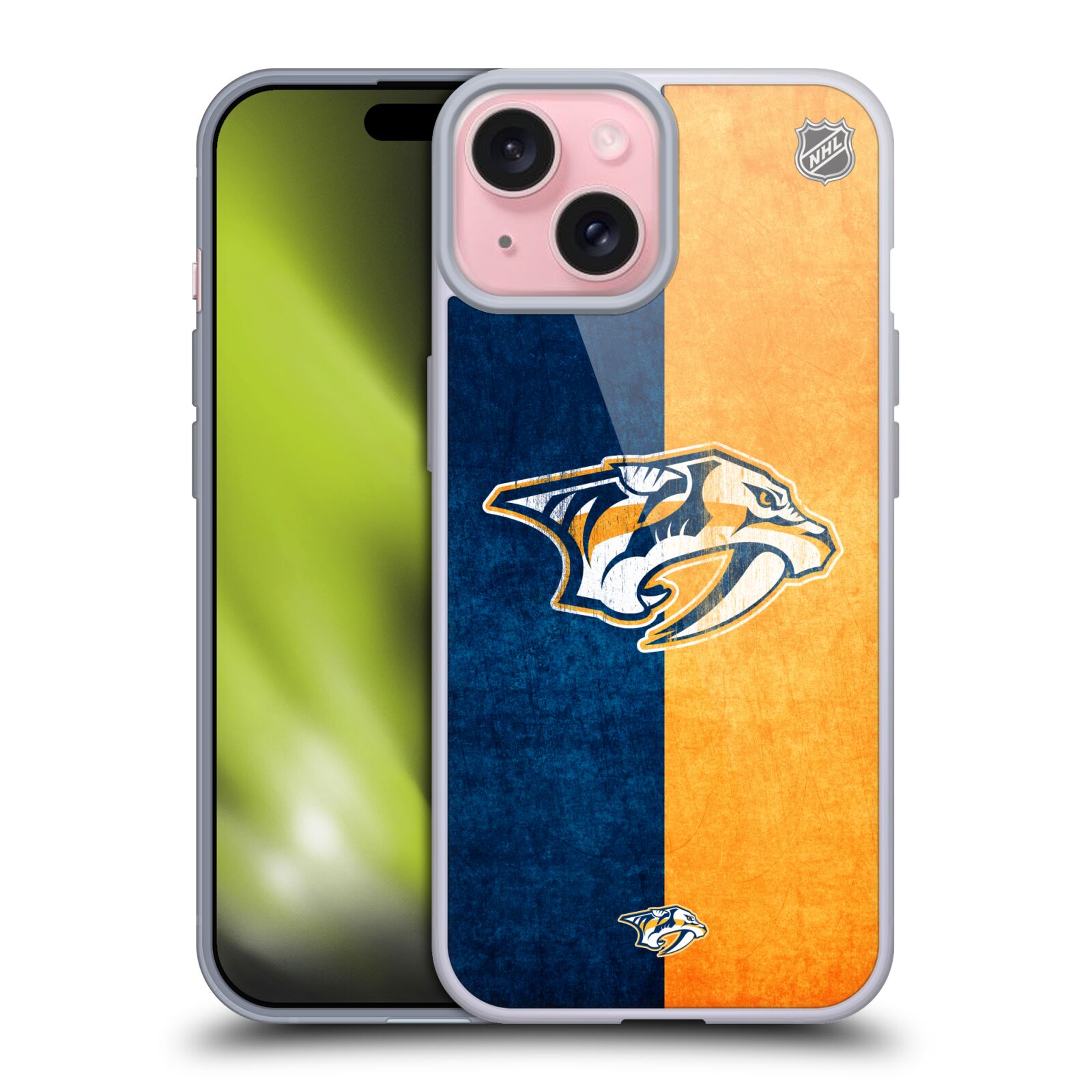 Silikonové lesklé pouzdro na mobil Apple iPhone 15 - NHL - Půlené logo Nashville Predators (Silikonový lesklý kryt, obal, pouzdro na mobilní telefon Apple iPhone 15 s licencovaným motivem NHL - Půlené logo Nashville Predators)