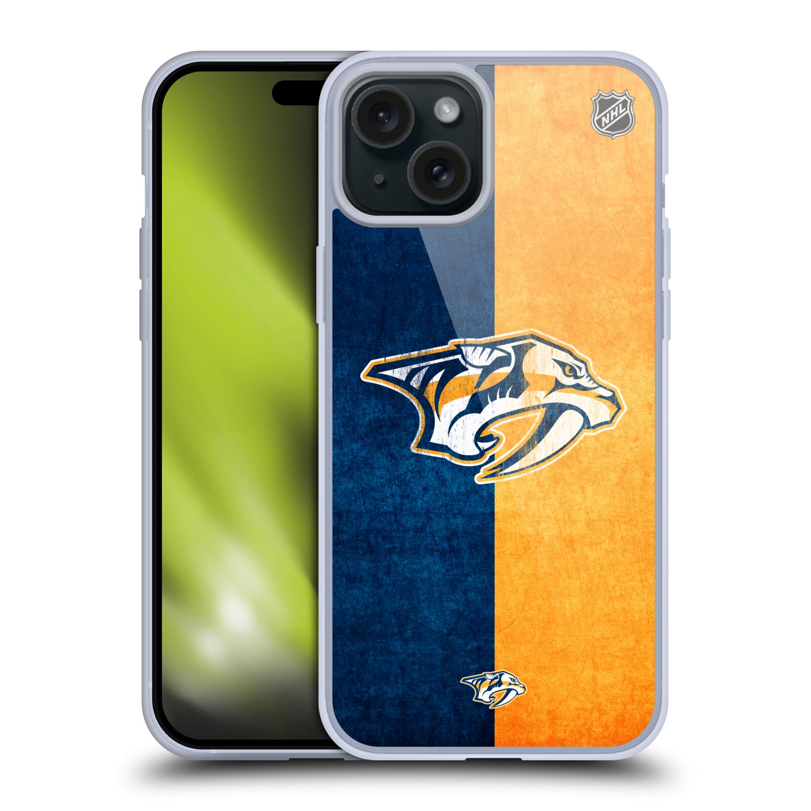 Silikonové lesklé pouzdro na mobil Apple iPhone 15 Plus - NHL - Půlené logo Nashville Predators (Silikonový lesklý kryt, obal, pouzdro na mobilní telefon Apple iPhone 15 Plus s licencovaným motivem NHL - Půlené logo Nashville Predators)