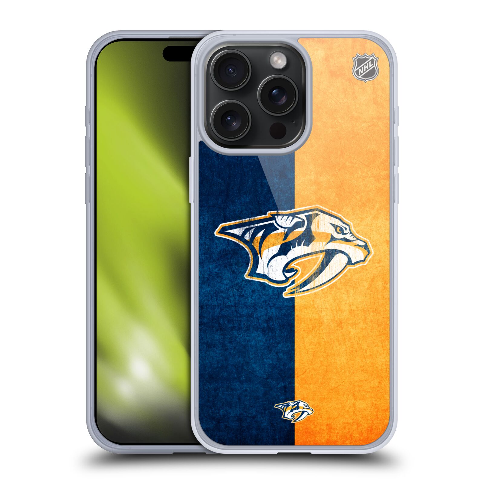 Silikonové lesklé pouzdro na mobil Apple iPhone 15 Pro Max - NHL - Půlené logo Nashville Predators (Silikonový lesklý kryt, obal, pouzdro na mobilní telefon Apple iPhone 15 Pro Max s licencovaným motivem NHL - Půlené logo Nashville Predators)