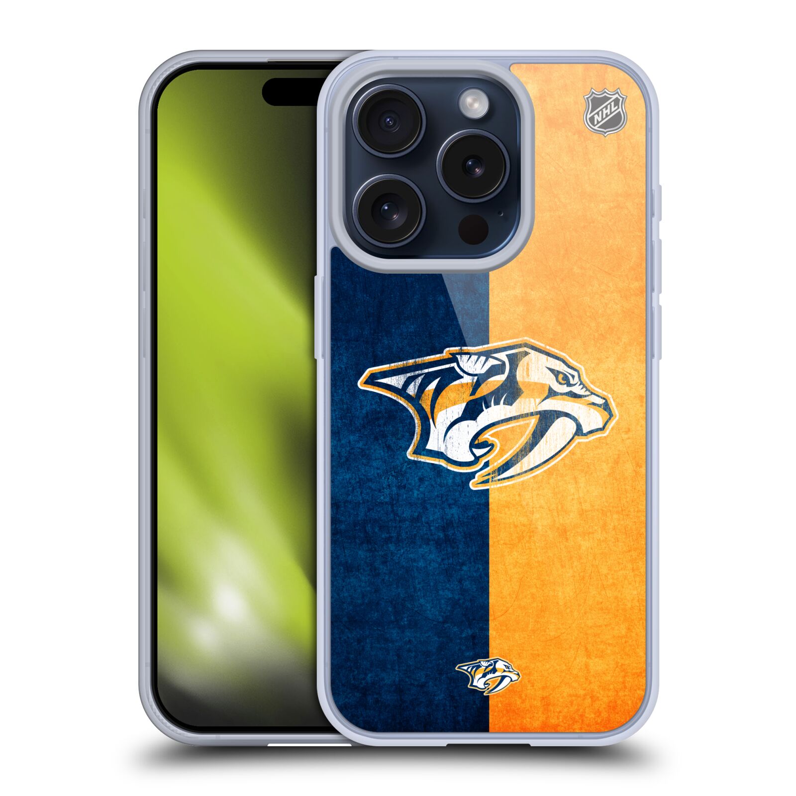 Silikonové lesklé pouzdro na mobil Apple iPhone 15 Pro - NHL - Půlené logo Nashville Predators (Silikonový lesklý kryt, obal, pouzdro na mobilní telefon Apple iPhone 15 Pro s licencovaným motivem NHL - Půlené logo Nashville Predators)