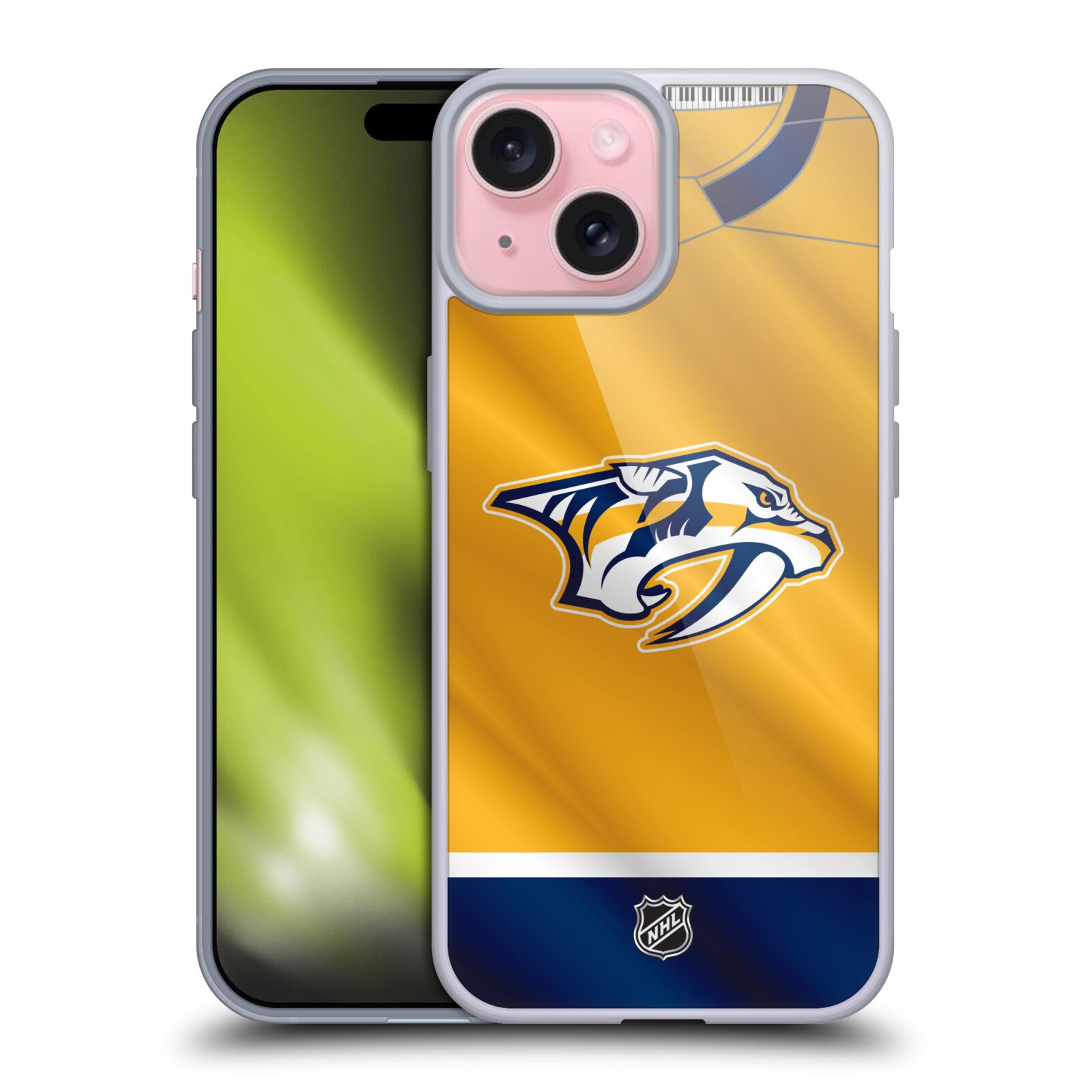 Silikonové lesklé pouzdro na mobil Apple iPhone 15 - NHL - Dres Nashville Predators (Silikonový lesklý kryt, obal, pouzdro na mobilní telefon Apple iPhone 15 s licencovaným motivem NHL - Dres Nashville Predators)