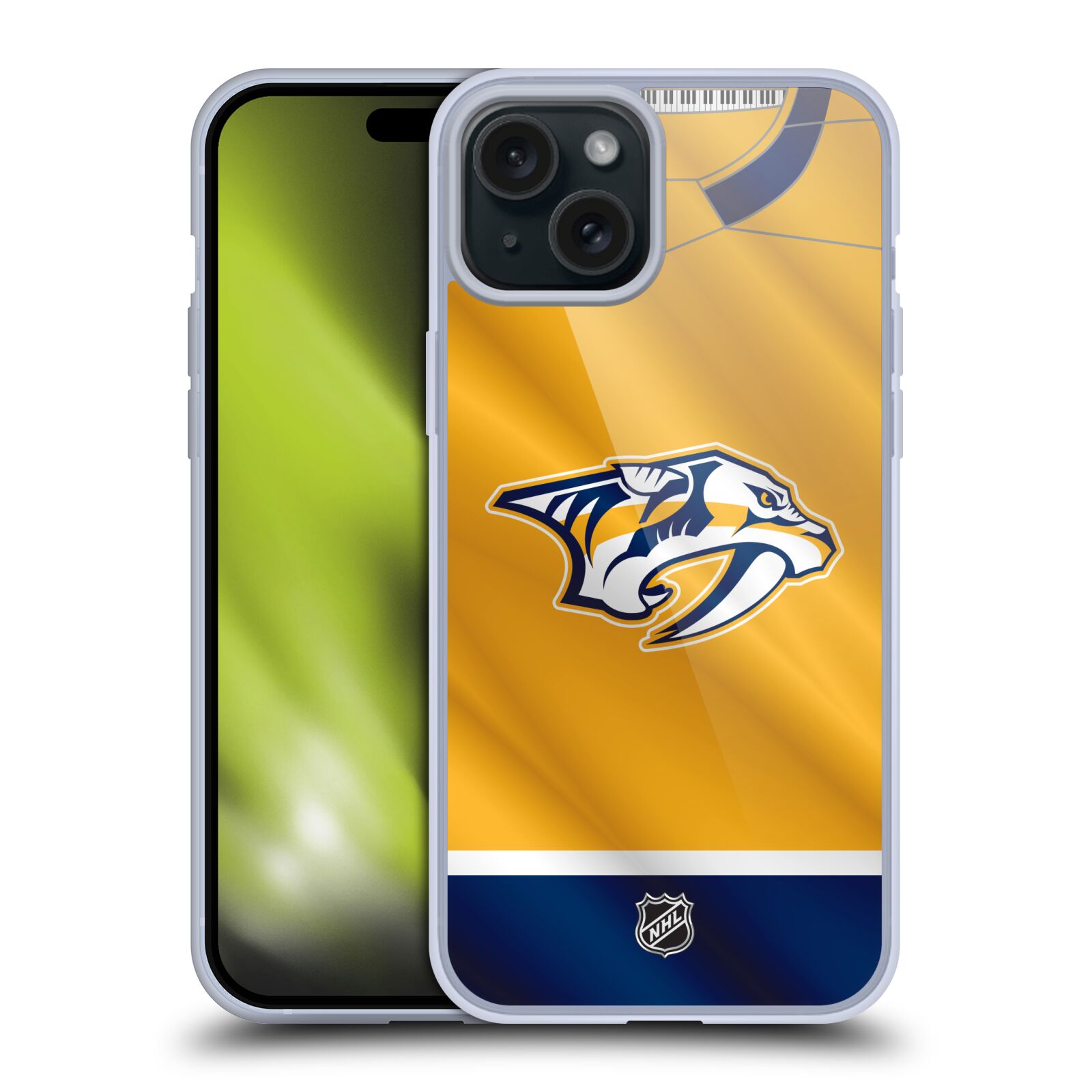 Silikonové lesklé pouzdro na mobil Apple iPhone 15 Plus - NHL - Dres Nashville Predators (Silikonový lesklý kryt, obal, pouzdro na mobilní telefon Apple iPhone 15 Plus s licencovaným motivem NHL - Dres Nashville Predators)