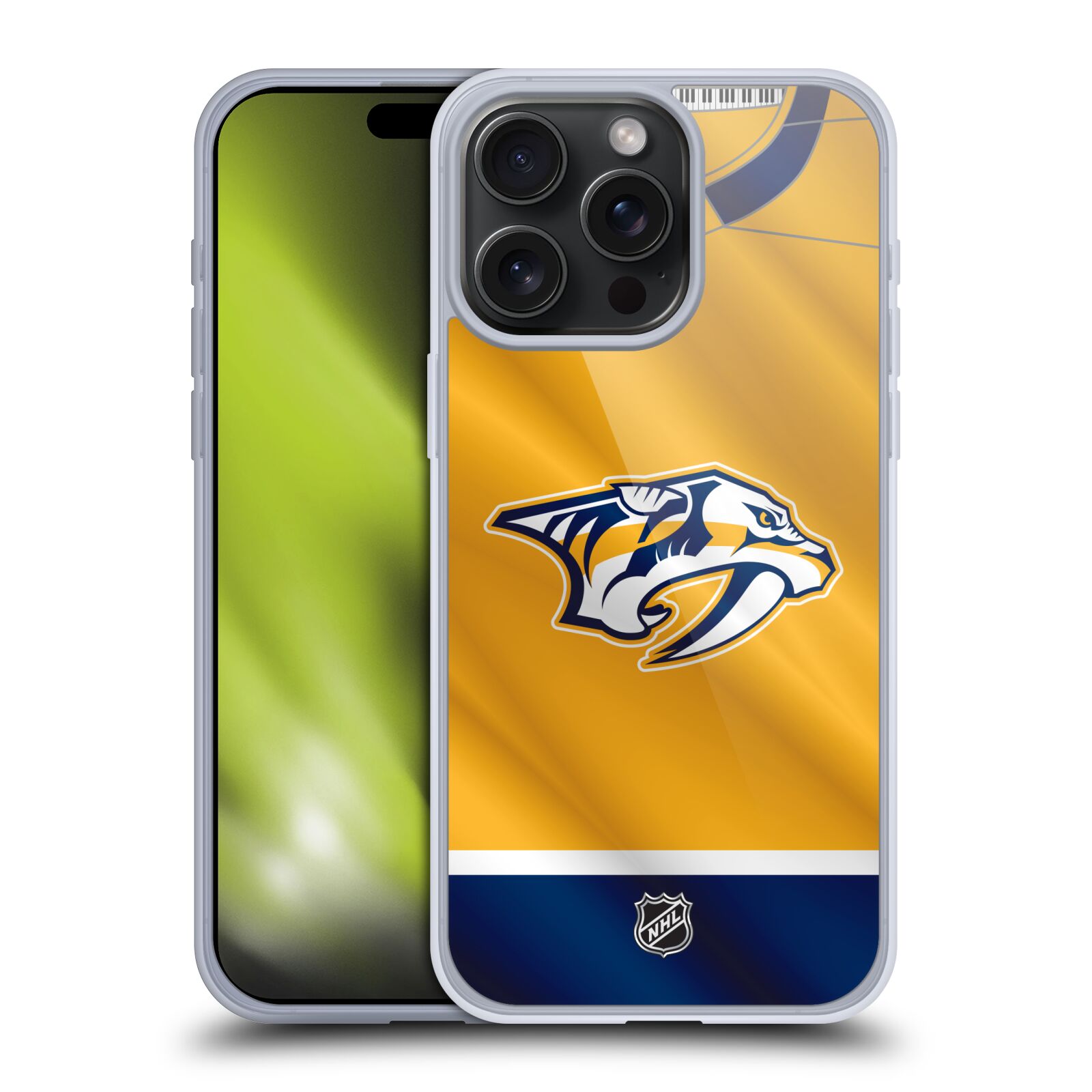Silikonové lesklé pouzdro na mobil Apple iPhone 15 Pro Max - NHL - Dres Nashville Predators (Silikonový lesklý kryt, obal, pouzdro na mobilní telefon Apple iPhone 15 Pro Max s licencovaným motivem NHL - Dres Nashville Predators)