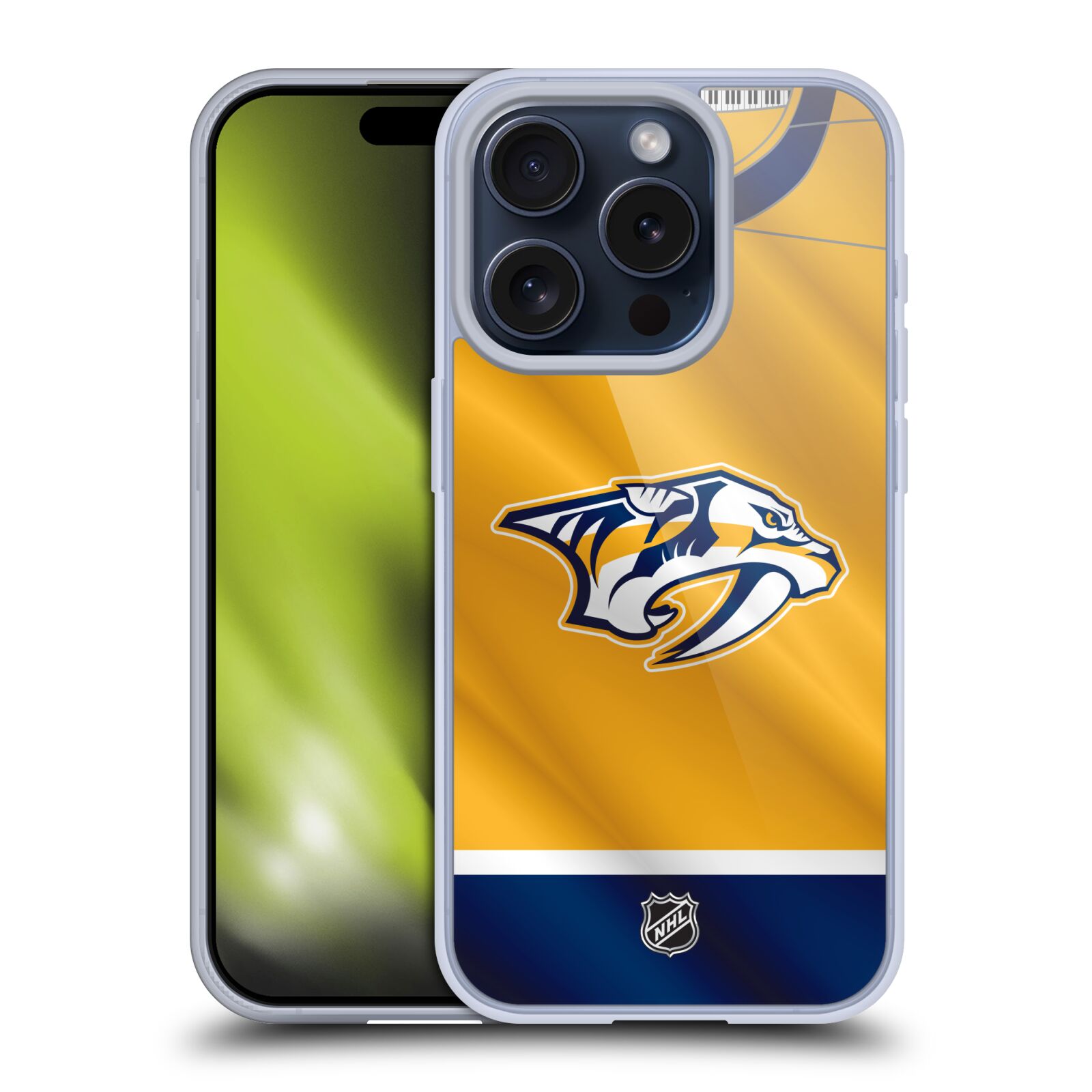 Silikonové lesklé pouzdro na mobil Apple iPhone 15 Pro - NHL - Dres Nashville Predators (Silikonový lesklý kryt, obal, pouzdro na mobilní telefon Apple iPhone 15 Pro s licencovaným motivem NHL - Dres Nashville Predators)