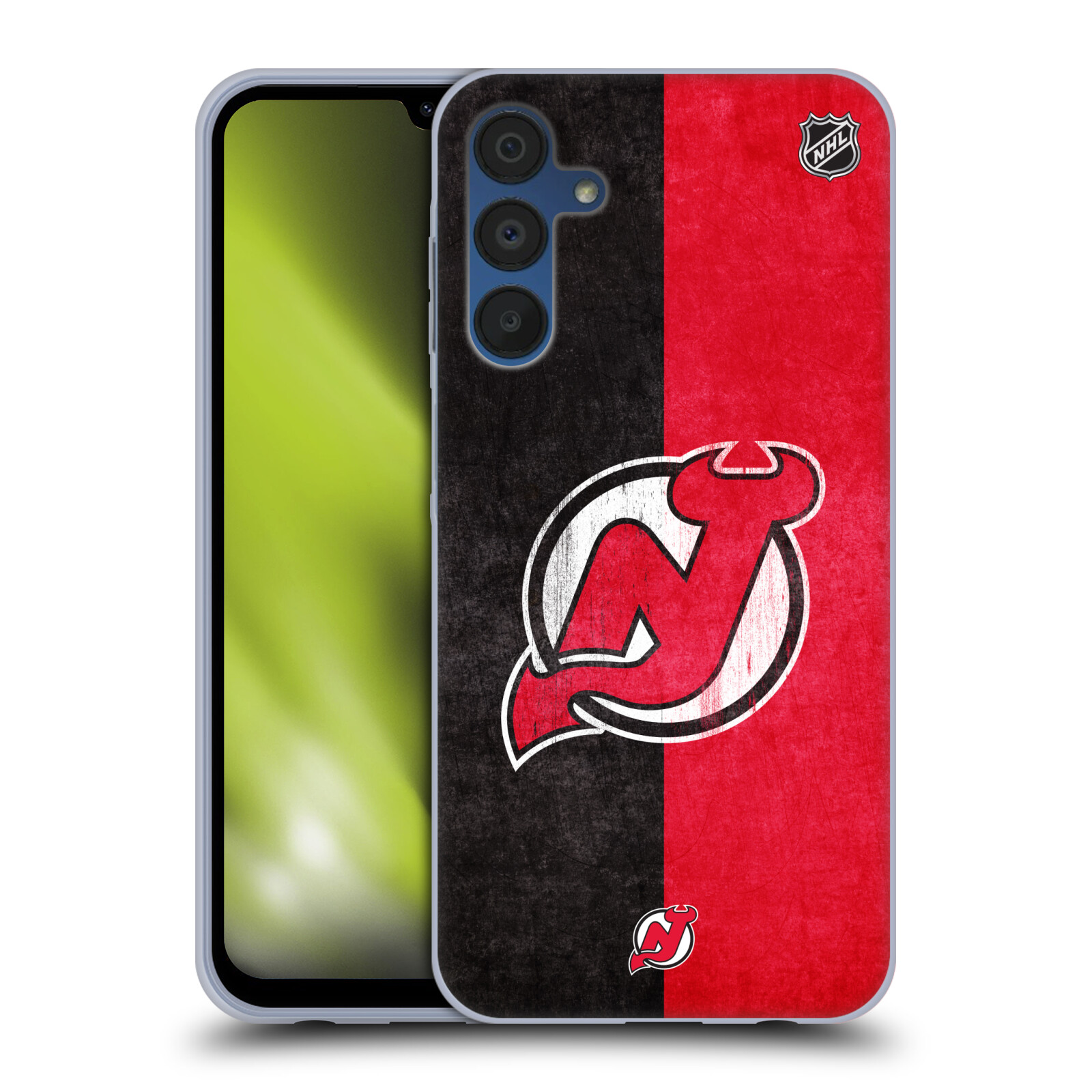 Silikonové pouzdro na mobil Samsung Galaxy A15 / A15 5G - NHL - Půlené logo New Jersey Devils (Silikonový kryt, obal, pouzdro na mobilní telefon Samsung Galaxy A15 / A15 5G s licencovaným motivem NHL - Půlené logo New Jersey Devils)