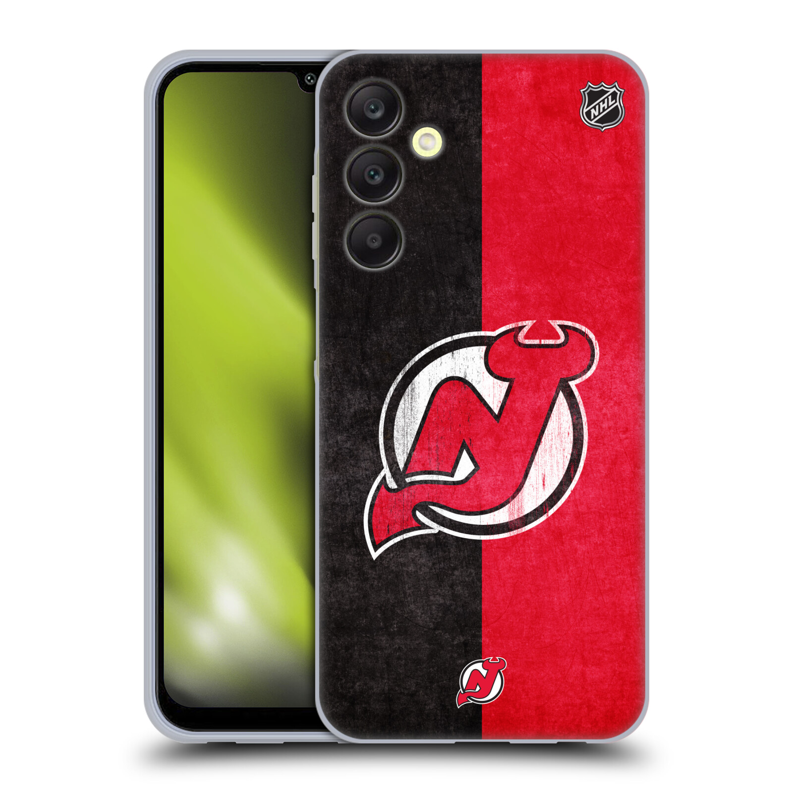 Silikonové pouzdro na mobil Samsung Galaxy A25 5G - NHL - Půlené logo New Jersey Devils (Silikonový kryt, obal, pouzdro na mobilní telefon Samsung Galaxy A25 5G s licencovaným motivem NHL - Půlené logo New Jersey Devils)
