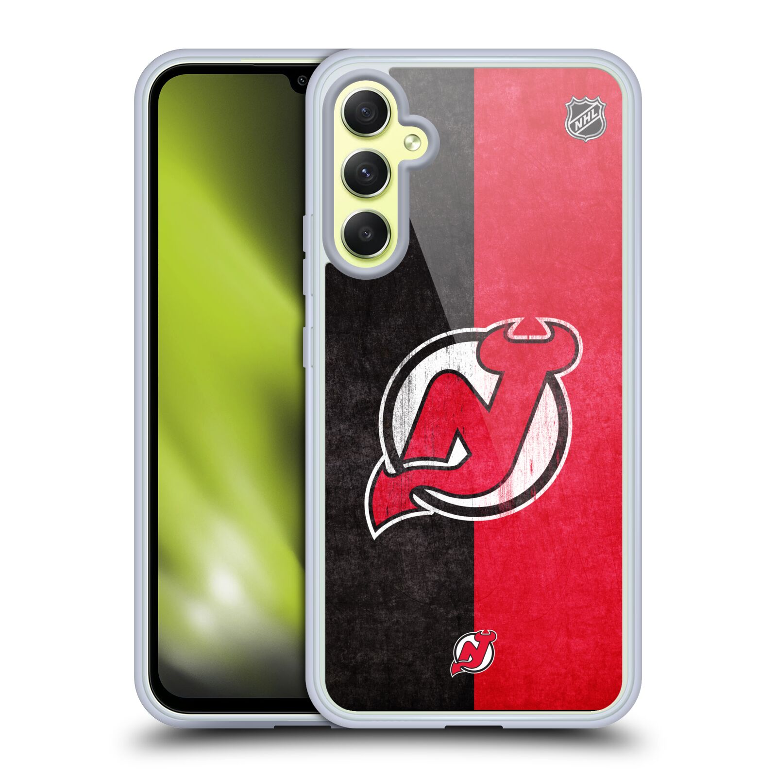 Silikonové pouzdro na mobil Samsung Galaxy A34 5G - NHL - Půlené logo New Jersey Devils (Silikonový kryt, obal, pouzdro na mobilní telefon Samsung Galaxy A34 5G s licencovaným motivem NHL - Půlené logo New Jersey Devils)