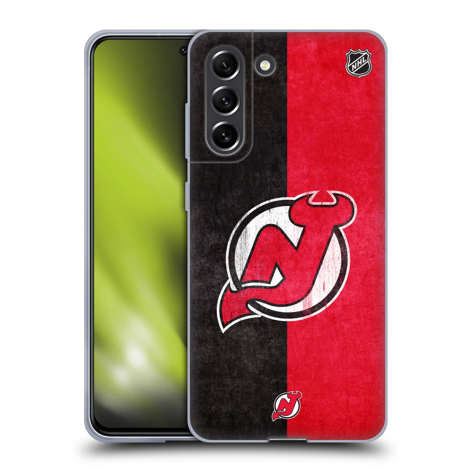Silikonové pouzdro na mobil Samsung Galaxy S21 FE 5G - NHL - Půlené logo New Jersey Devils (Silikonový kryt, obal, pouzdro na mobilní telefon Samsung Galaxy S21 FE 5G s licencovaným motivem NHL - Půlené logo New Jersey Devils)