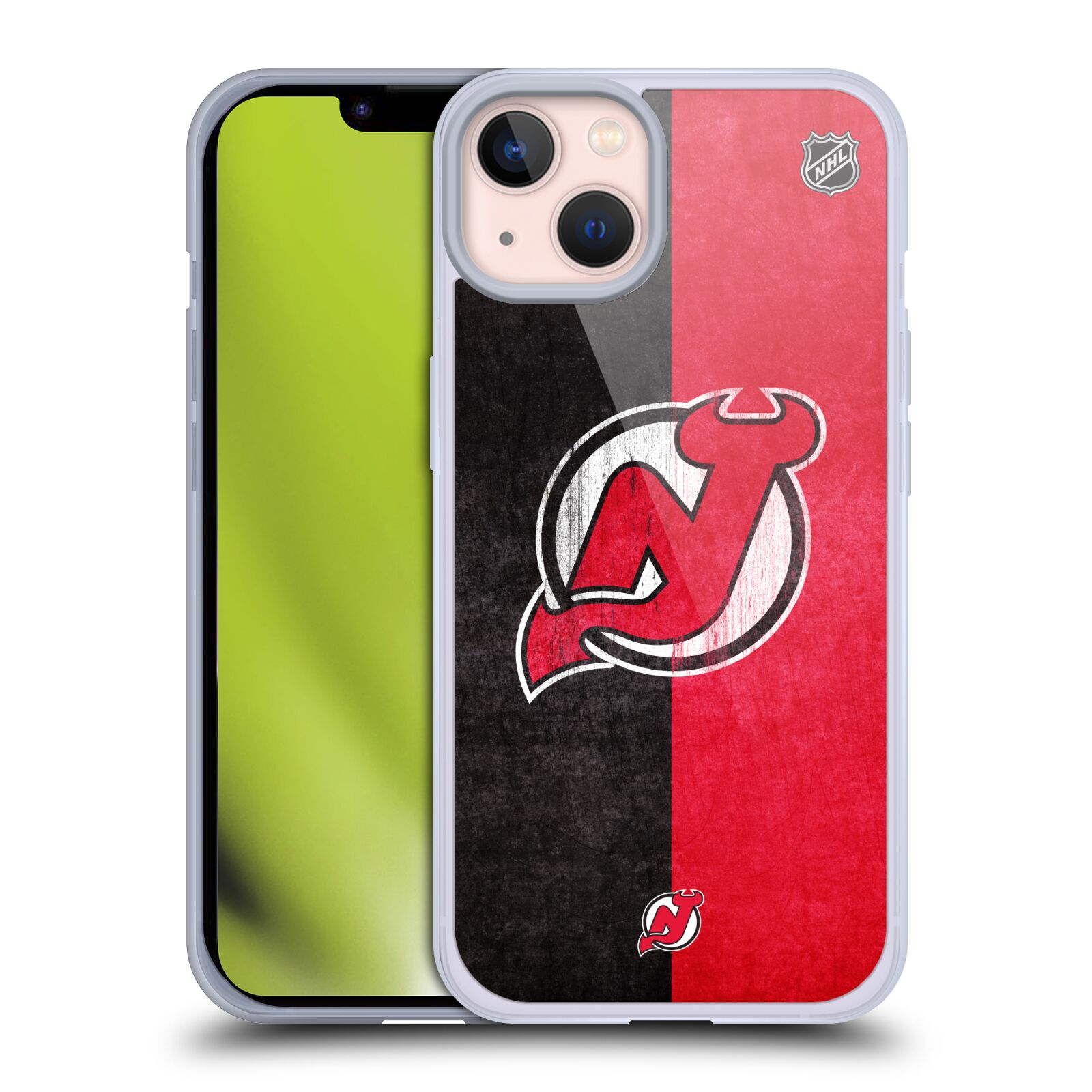 Silikonové pouzdro na mobil Apple iPhone 13 - NHL - Půlené logo New Jersey Devils (Silikonový kryt, obal, pouzdro na mobilní telefon Apple iPhone 13 s licencovaným motivem NHL - Půlené logo New Jersey Devils)