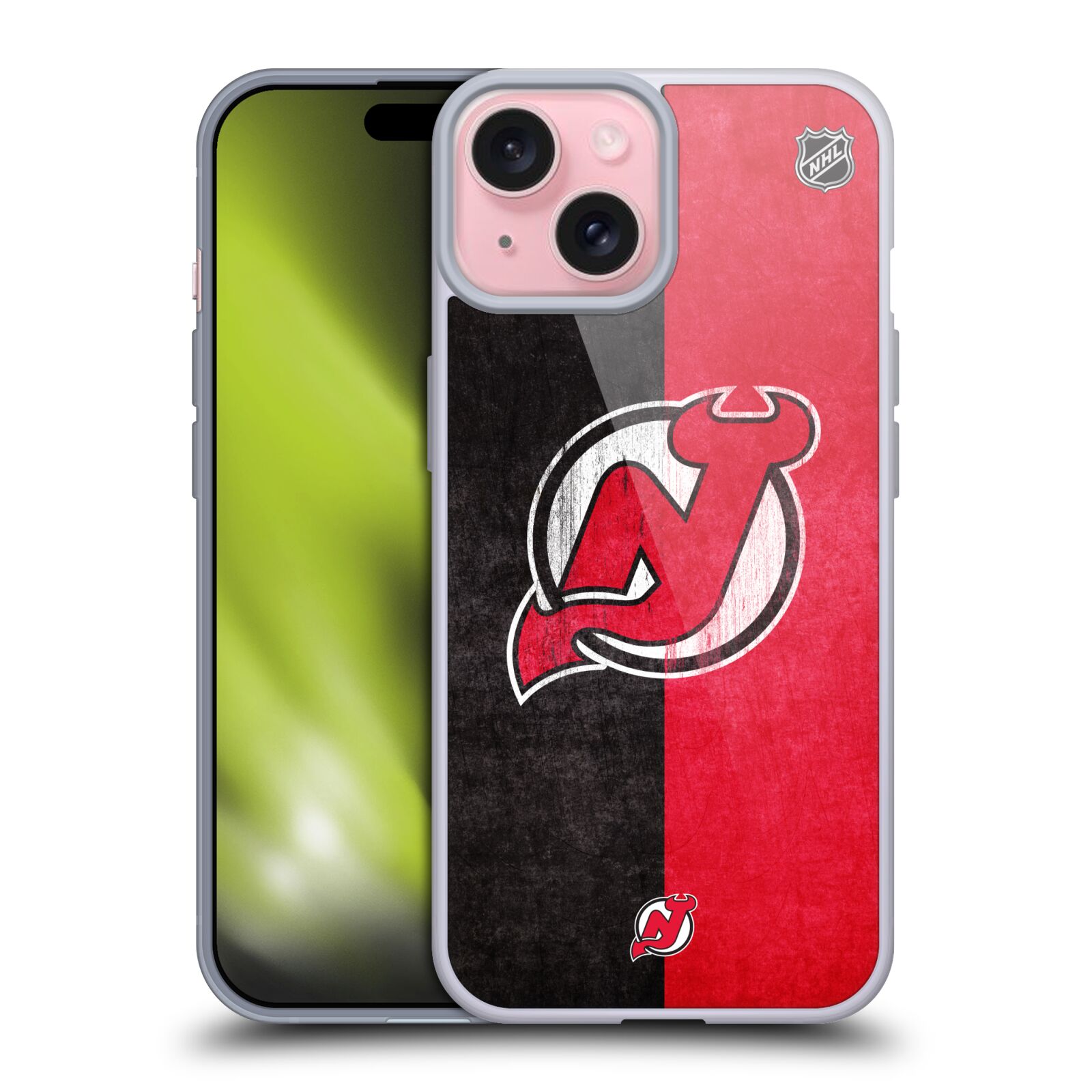 Silikonové lesklé pouzdro na mobil Apple iPhone 15 - NHL - Půlené logo New Jersey Devils (Silikonový lesklý kryt, obal, pouzdro na mobilní telefon Apple iPhone 15 s licencovaným motivem NHL - Půlené logo New Jersey Devils)