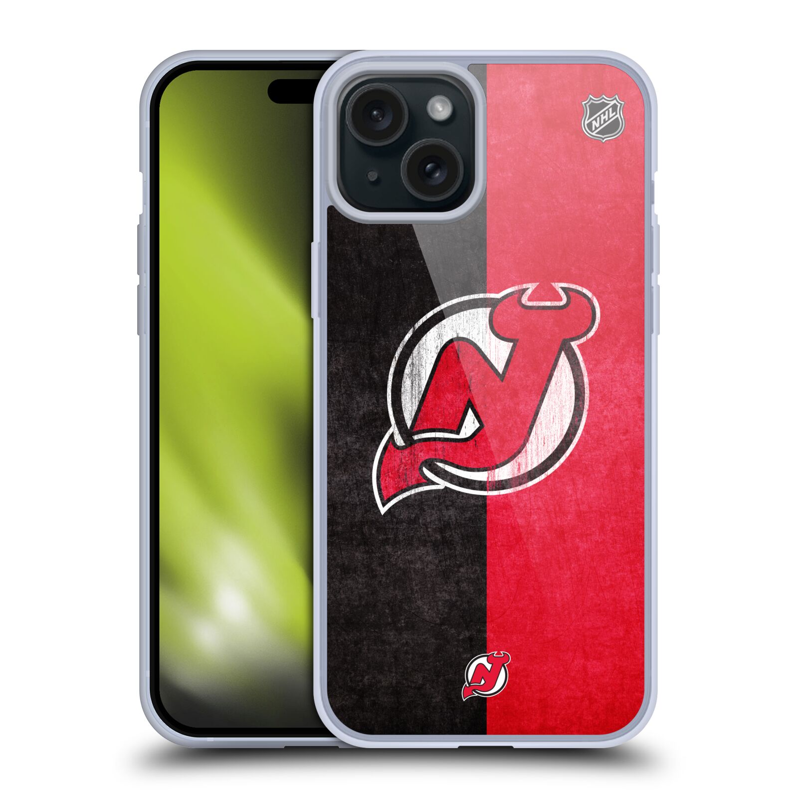Silikonové lesklé pouzdro na mobil Apple iPhone 15 Plus - NHL - Půlené logo New Jersey Devils (Silikonový lesklý kryt, obal, pouzdro na mobilní telefon Apple iPhone 15 Plus s licencovaným motivem NHL - Půlené logo New Jersey Devils)