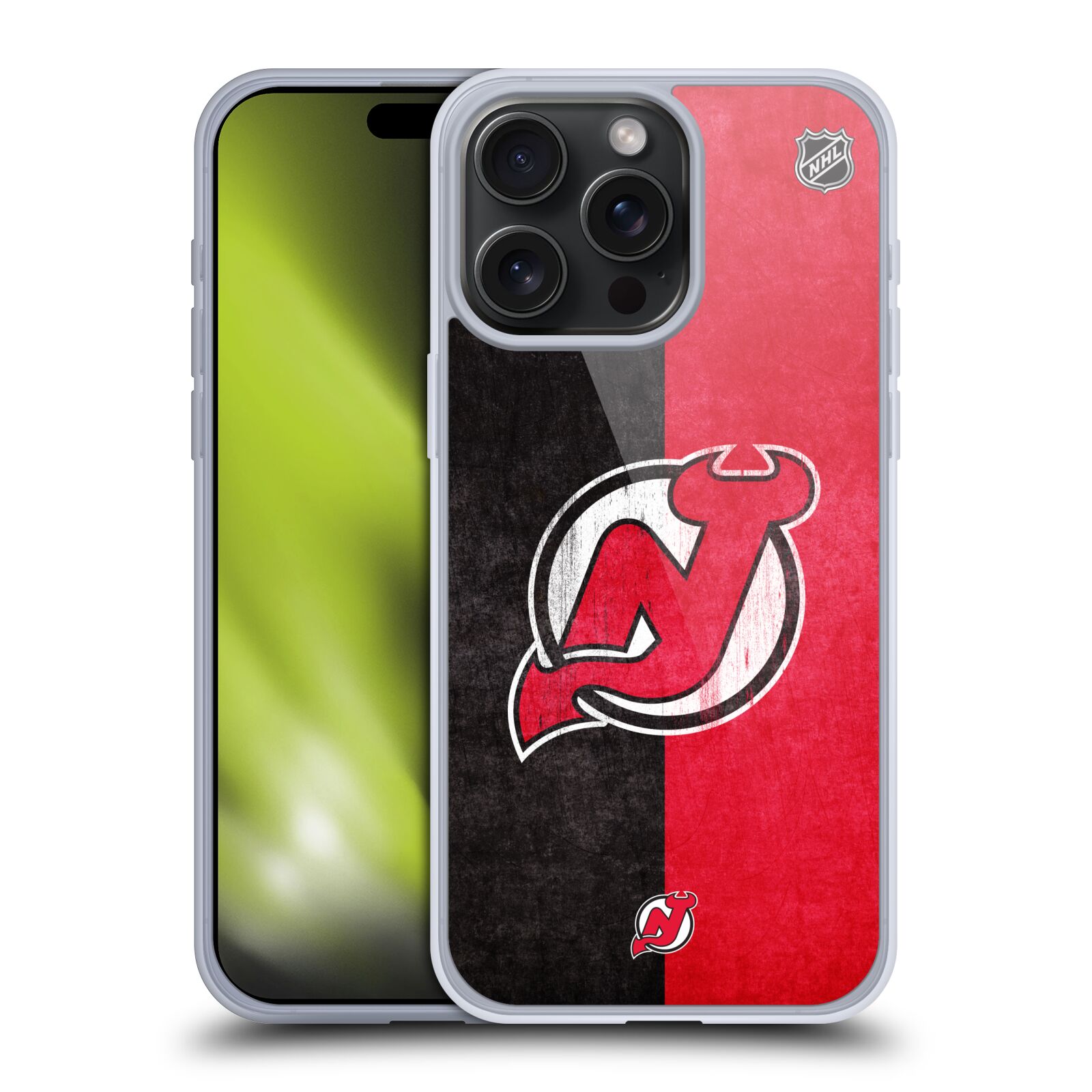 Silikonové lesklé pouzdro na mobil Apple iPhone 15 Pro Max - NHL - Půlené logo New Jersey Devils (Silikonový lesklý kryt, obal, pouzdro na mobilní telefon Apple iPhone 15 Pro Max s licencovaným motivem NHL - Půlené logo New Jersey Devils)
