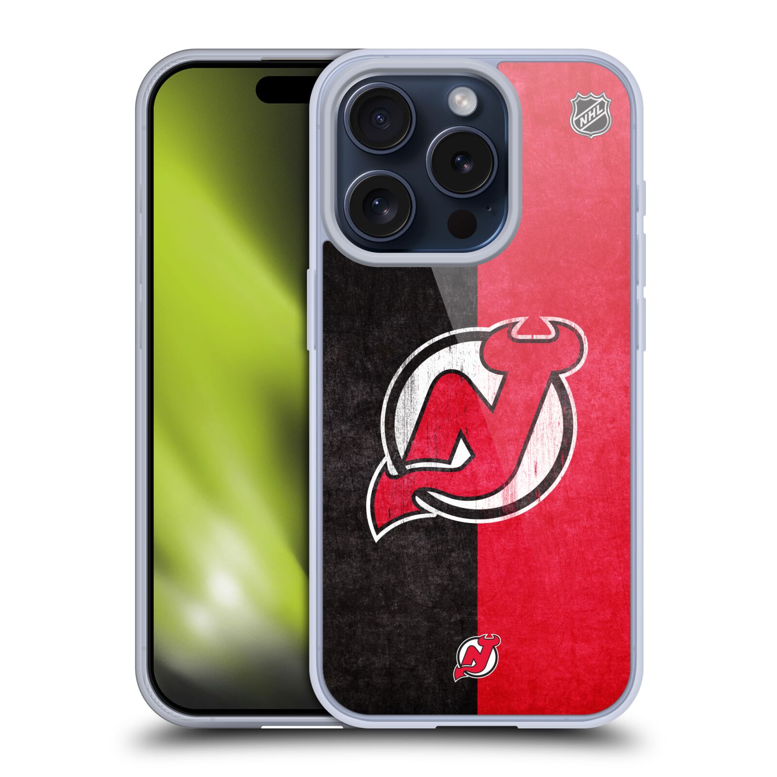 Silikonové lesklé pouzdro na mobil Apple iPhone 15 Pro - NHL - Půlené logo New Jersey Devils (Silikonový lesklý kryt, obal, pouzdro na mobilní telefon Apple iPhone 15 Pro s licencovaným motivem NHL - Půlené logo New Jersey Devils)