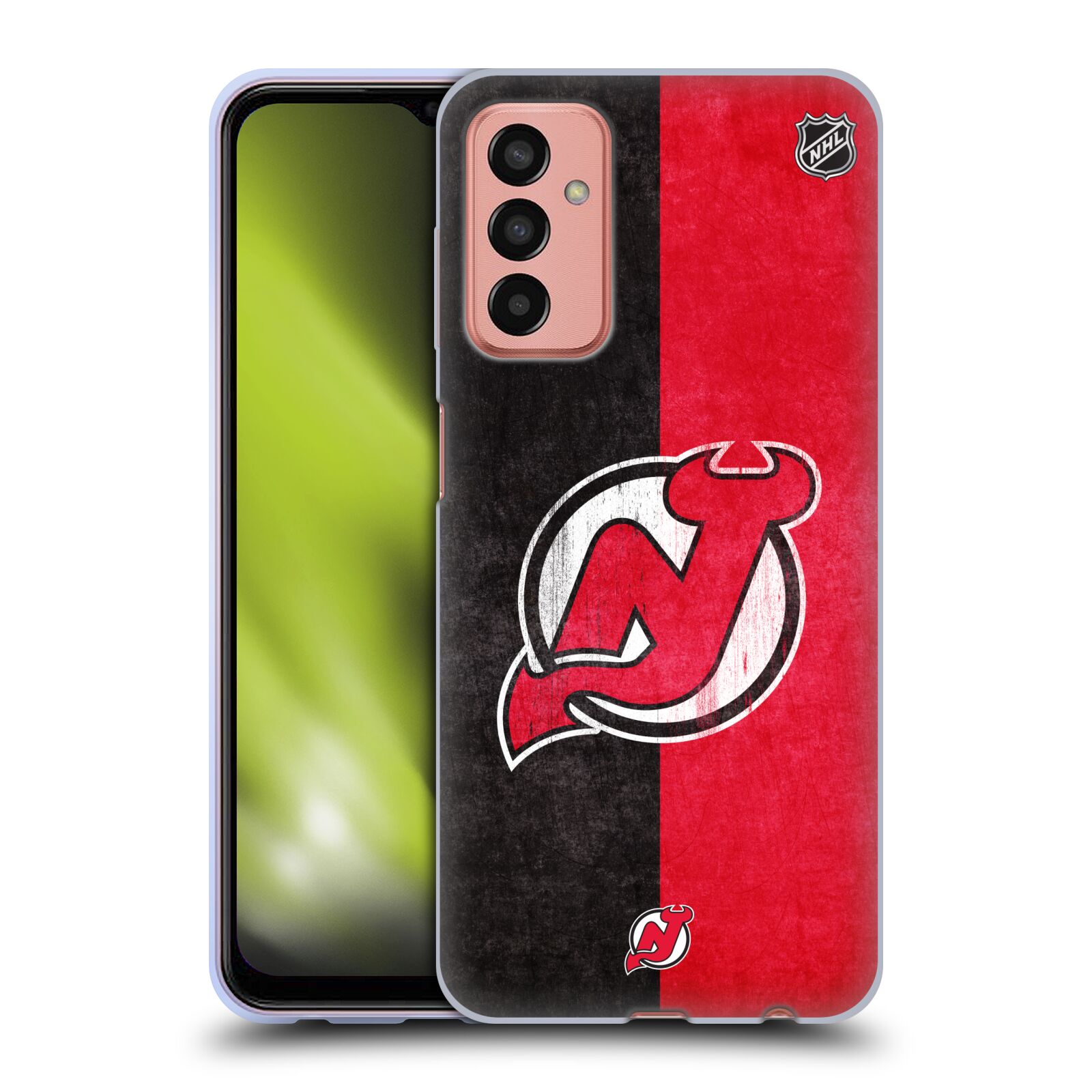 Silikonové pouzdro na mobil Samsung Galaxy M13 - NHL - Půlené logo New Jersey Devils (Silikonový kryt, obal, pouzdro na mobilní telefon Samsung Galaxy M13 s licencovaným motivem NHL - Půlené logo New Jersey Devils)