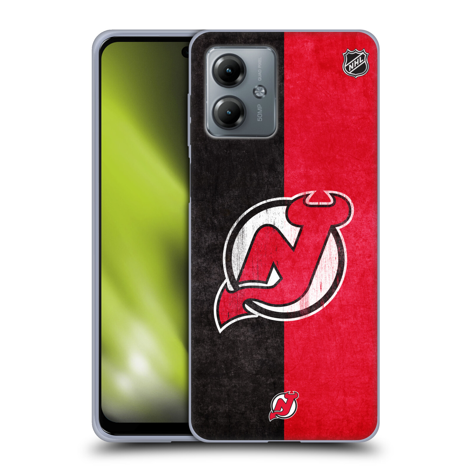 Silikonové pouzdro na mobil Motorola Moto G14 - NHL - Půlené logo New Jersey Devils (Silikonový kryt, obal, pouzdro na mobilní telefon Motorola Moto G14 s licencovaným motivem NHL - Půlené logo New Jersey Devils)