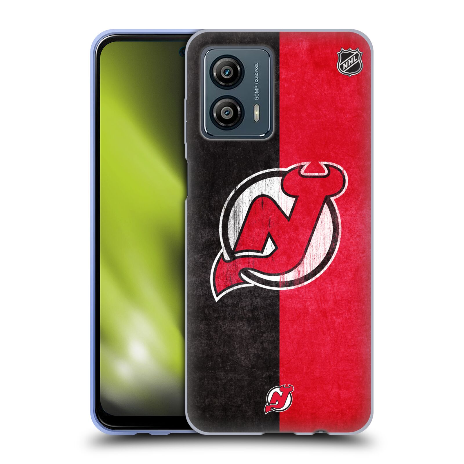 Silikonové pouzdro na mobil Motorola Moto G53 5G - NHL - Půlené logo New Jersey Devils (Silikonový kryt, obal, pouzdro na mobilní telefon Motorola Moto G53 5G s licencovaným motivem NHL - Půlené logo New Jersey Devils)