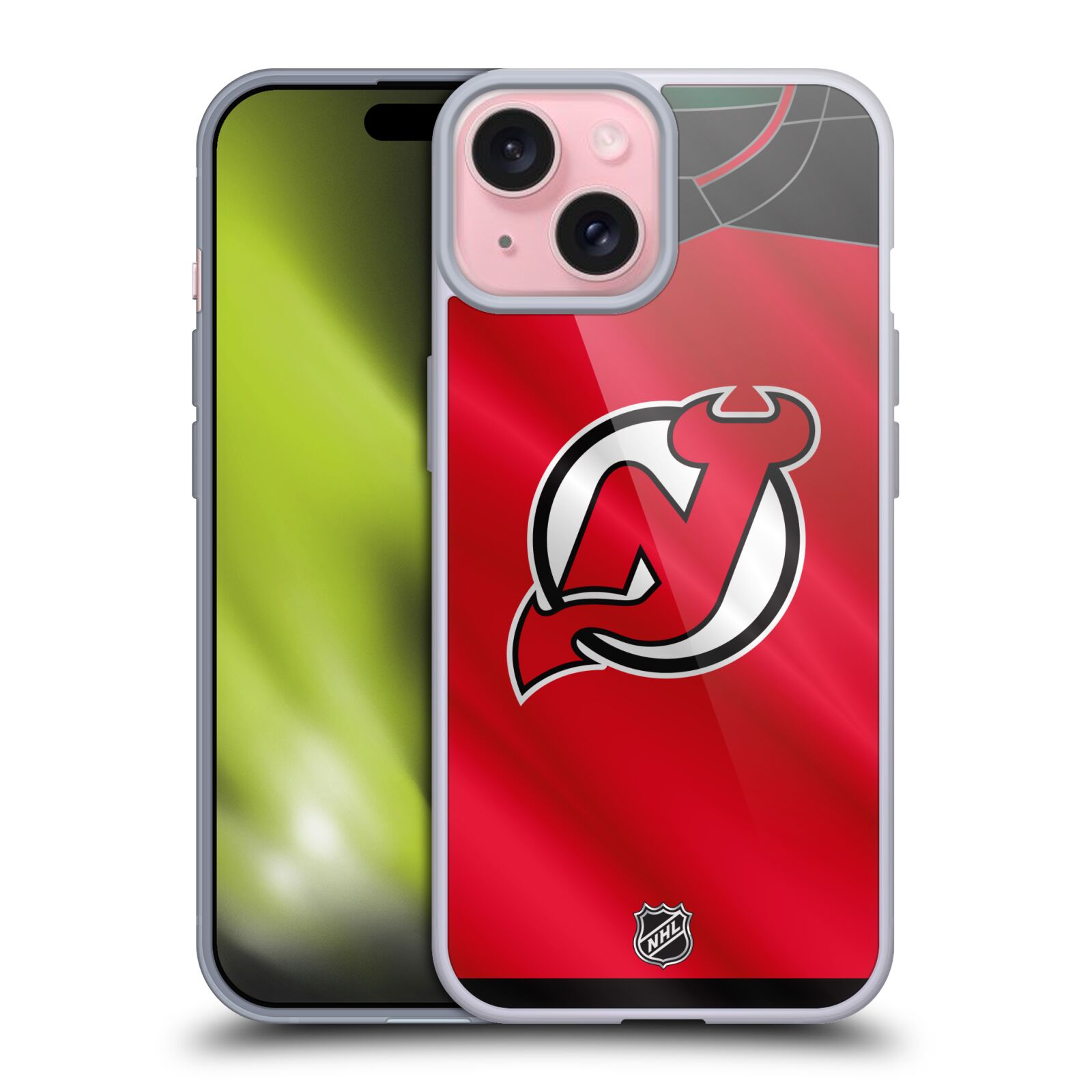 Silikonové lesklé pouzdro na mobil Apple iPhone 15 - NHL - Dres New Jersey Devils (Silikonový lesklý kryt, obal, pouzdro na mobilní telefon Apple iPhone 15 s licencovaným motivem NHL - Dres New Jersey Devils)