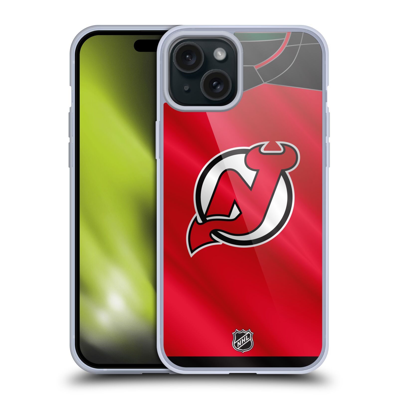 Silikonové lesklé pouzdro na mobil Apple iPhone 15 Plus - NHL - Dres New Jersey Devils (Silikonový lesklý kryt, obal, pouzdro na mobilní telefon Apple iPhone 15 Plus s licencovaným motivem NHL - Dres New Jersey Devils)