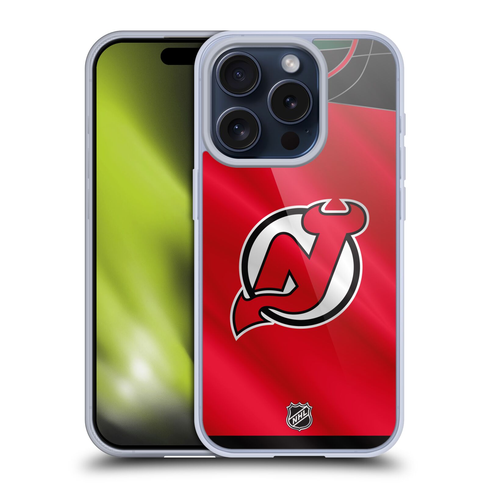 Silikonové lesklé pouzdro na mobil Apple iPhone 15 Pro - NHL - Dres New Jersey Devils (Silikonový lesklý kryt, obal, pouzdro na mobilní telefon Apple iPhone 15 Pro s licencovaným motivem NHL - Dres New Jersey Devils)