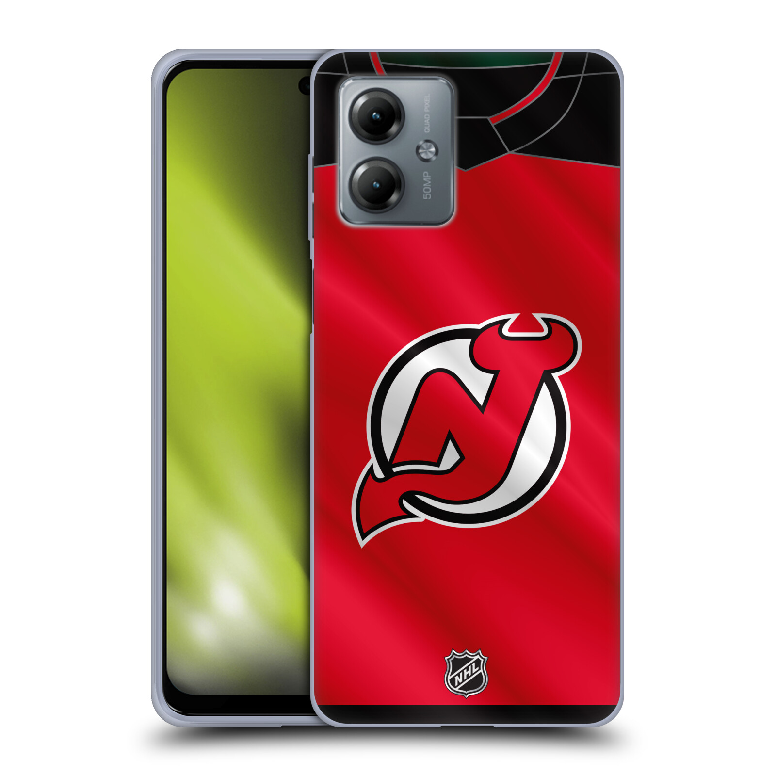 Silikonové pouzdro na mobil Motorola Moto G14 - NHL - Dres New Jersey Devils (Silikonový kryt, obal, pouzdro na mobilní telefon Motorola Moto G14 s licencovaným motivem NHL - Dres New Jersey Devils)