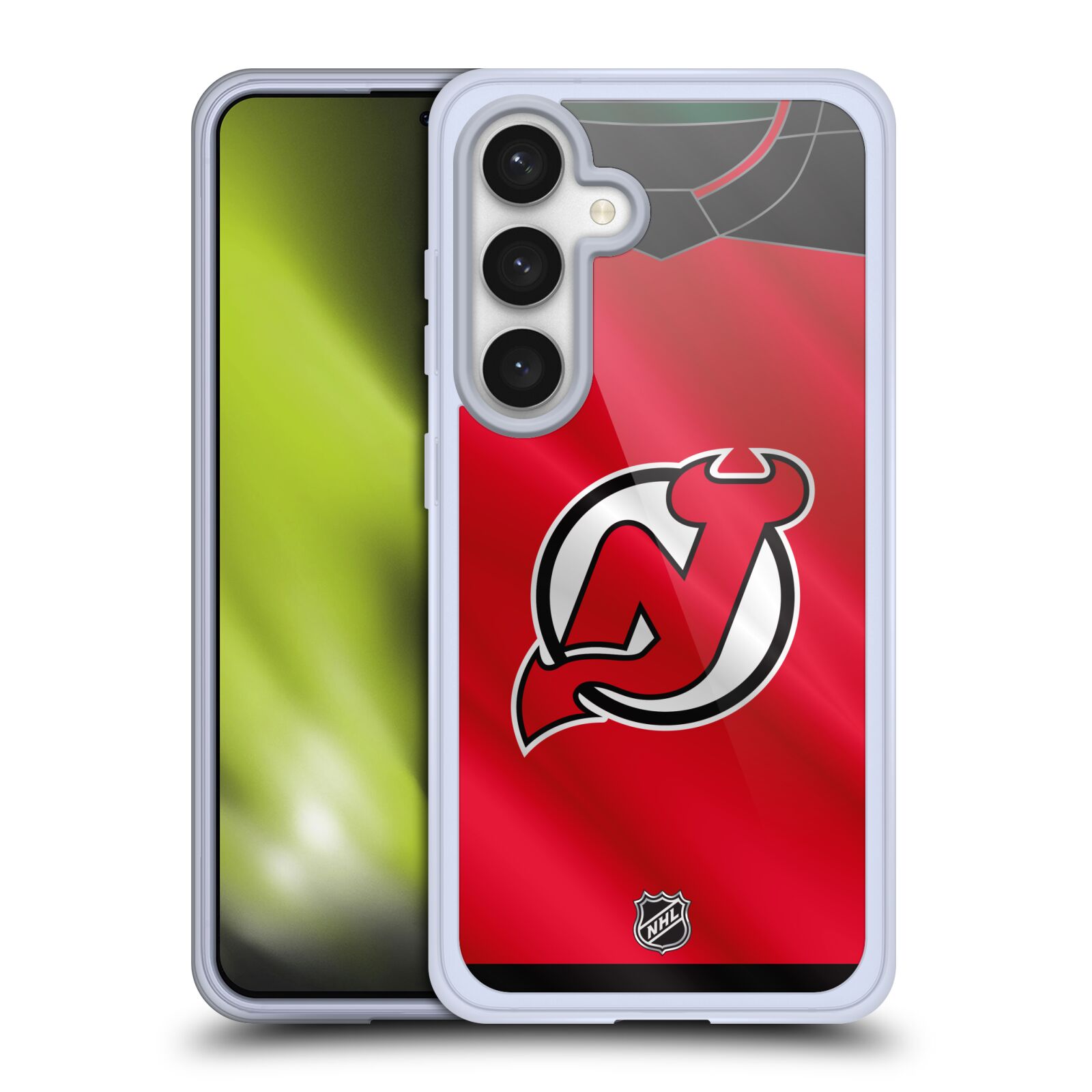 Silikonové lesklé pouzdro na mobil Samsung Galaxy S24 - NHL - Dres New Jersey Devils (Silikonový kryt, obal, pouzdro na mobilní telefon Samsung Galaxy S24 s licencovaným motivem NHL - Dres New Jersey Devils)